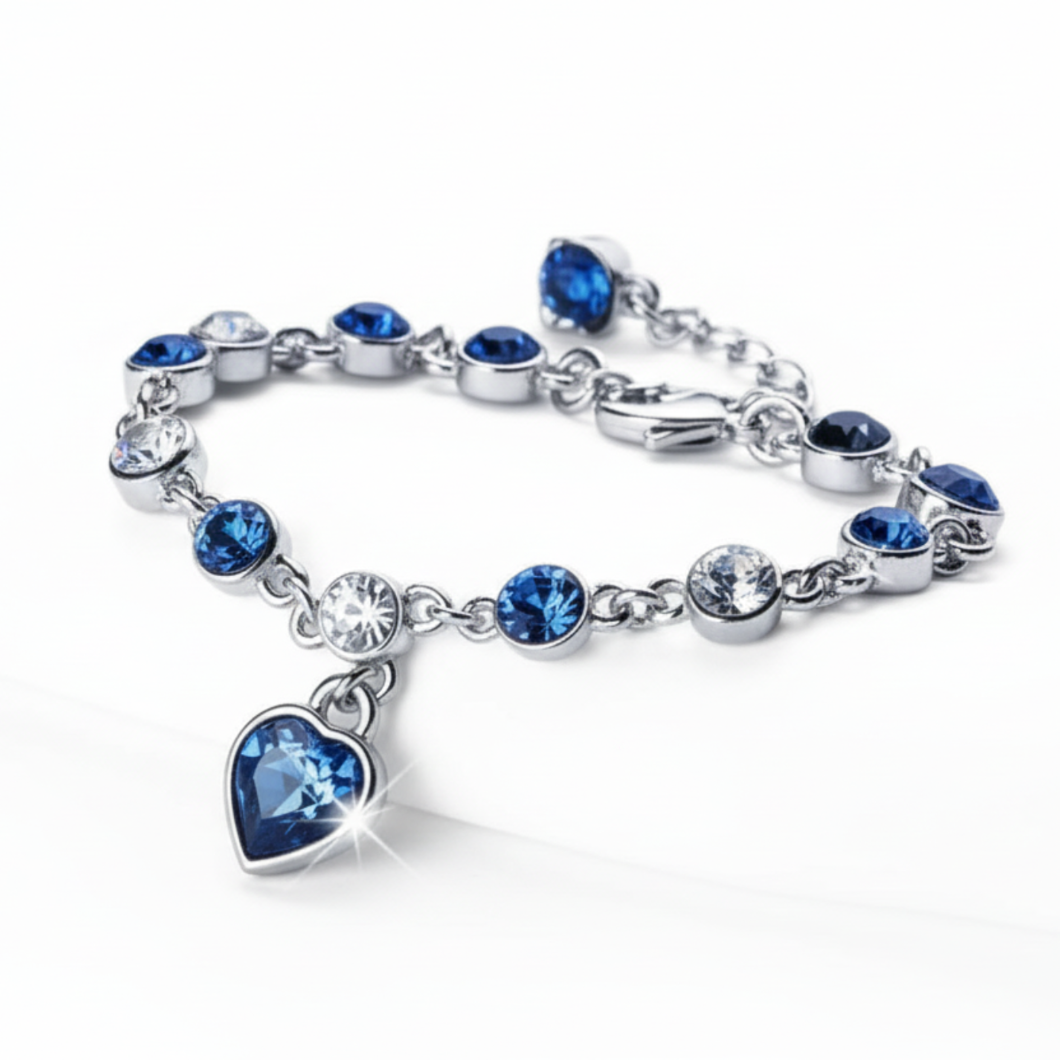 Women’s Silver Bracelet with Blue Heart Crystal Charm – Elegant Jewelry Gift for Her