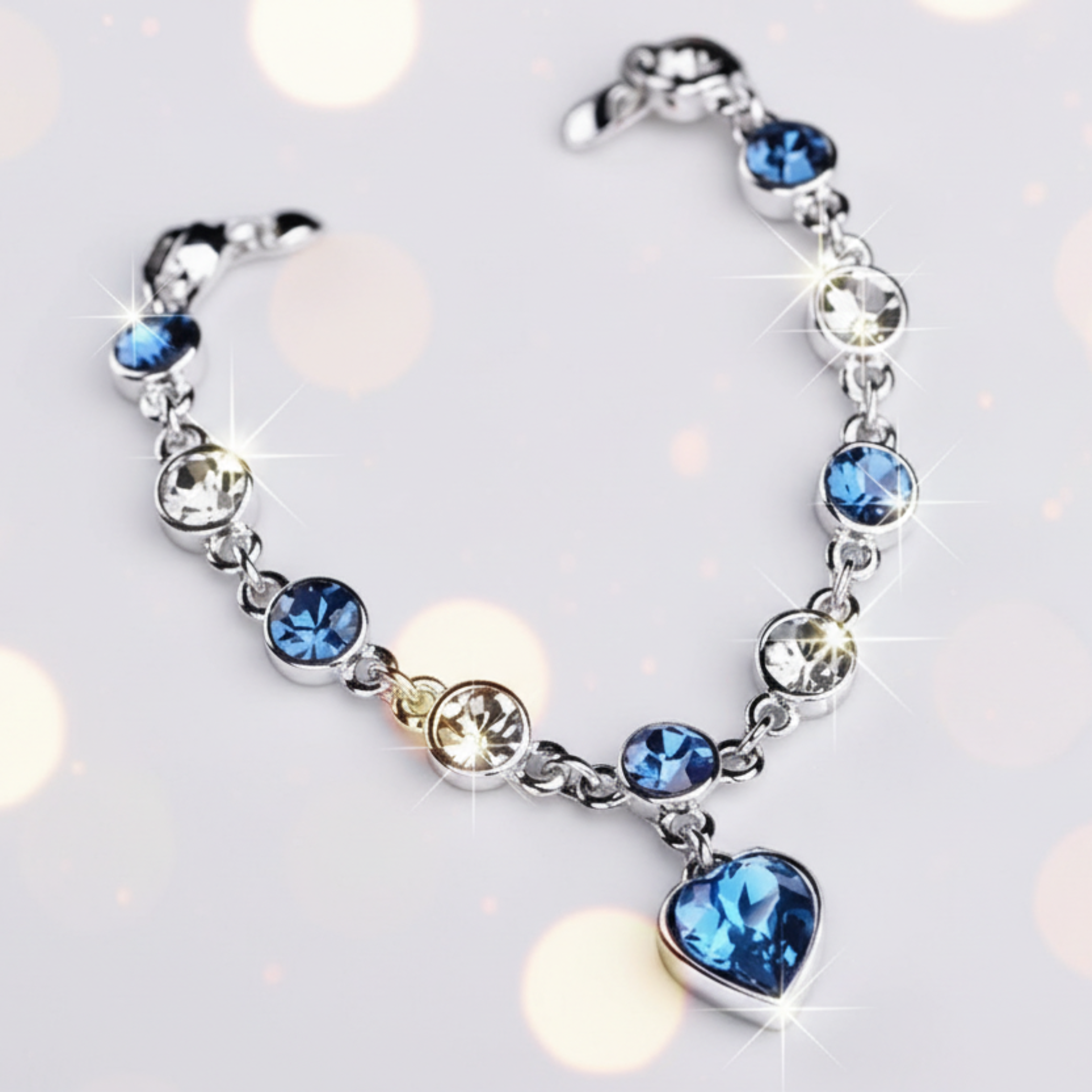 Women’s Silver Bracelet with Blue Heart Crystal Charm – Elegant Jewelry Gift for Her