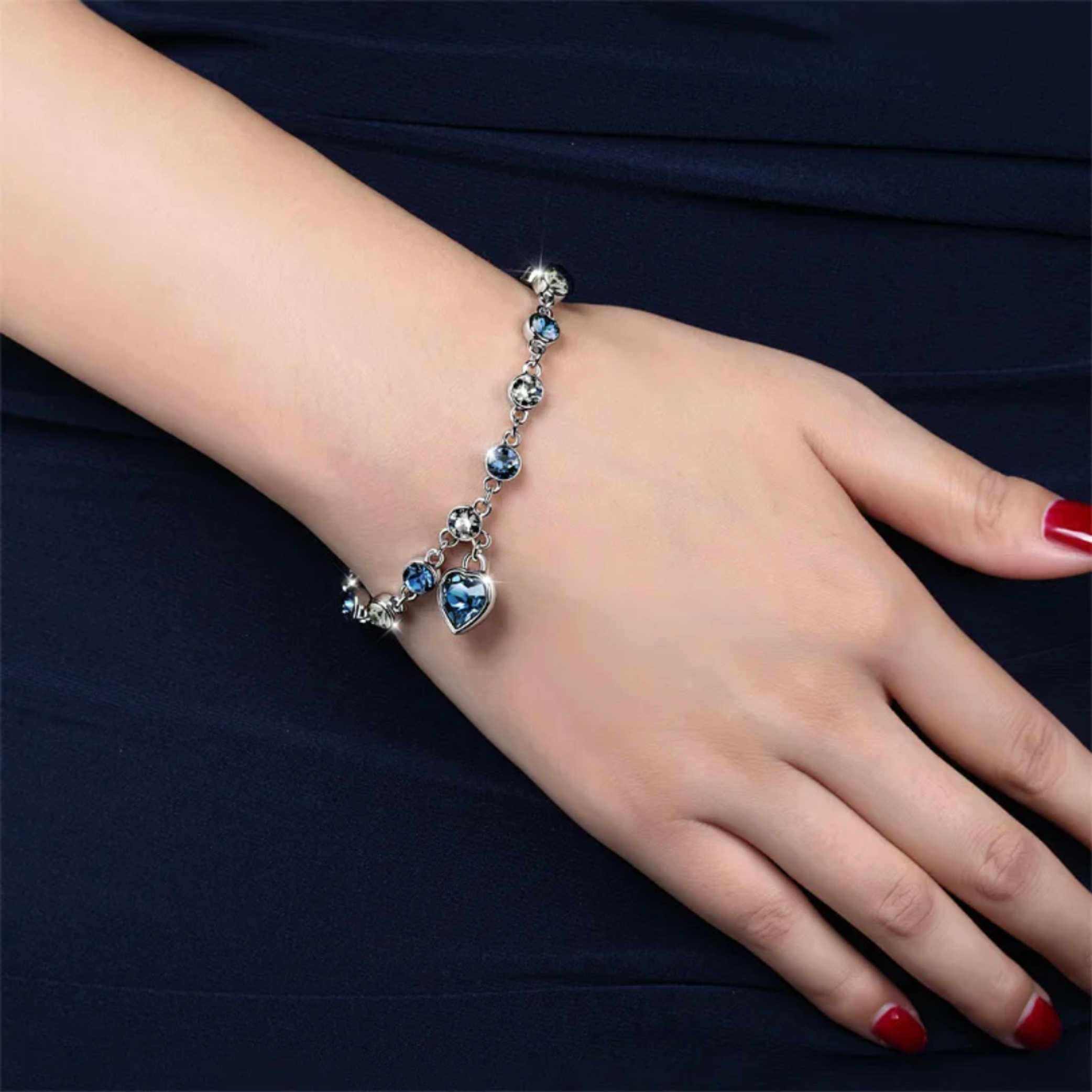 Women’s Silver Bracelet with Blue Heart Crystal Charm – Elegant Jewelry Gift for Her