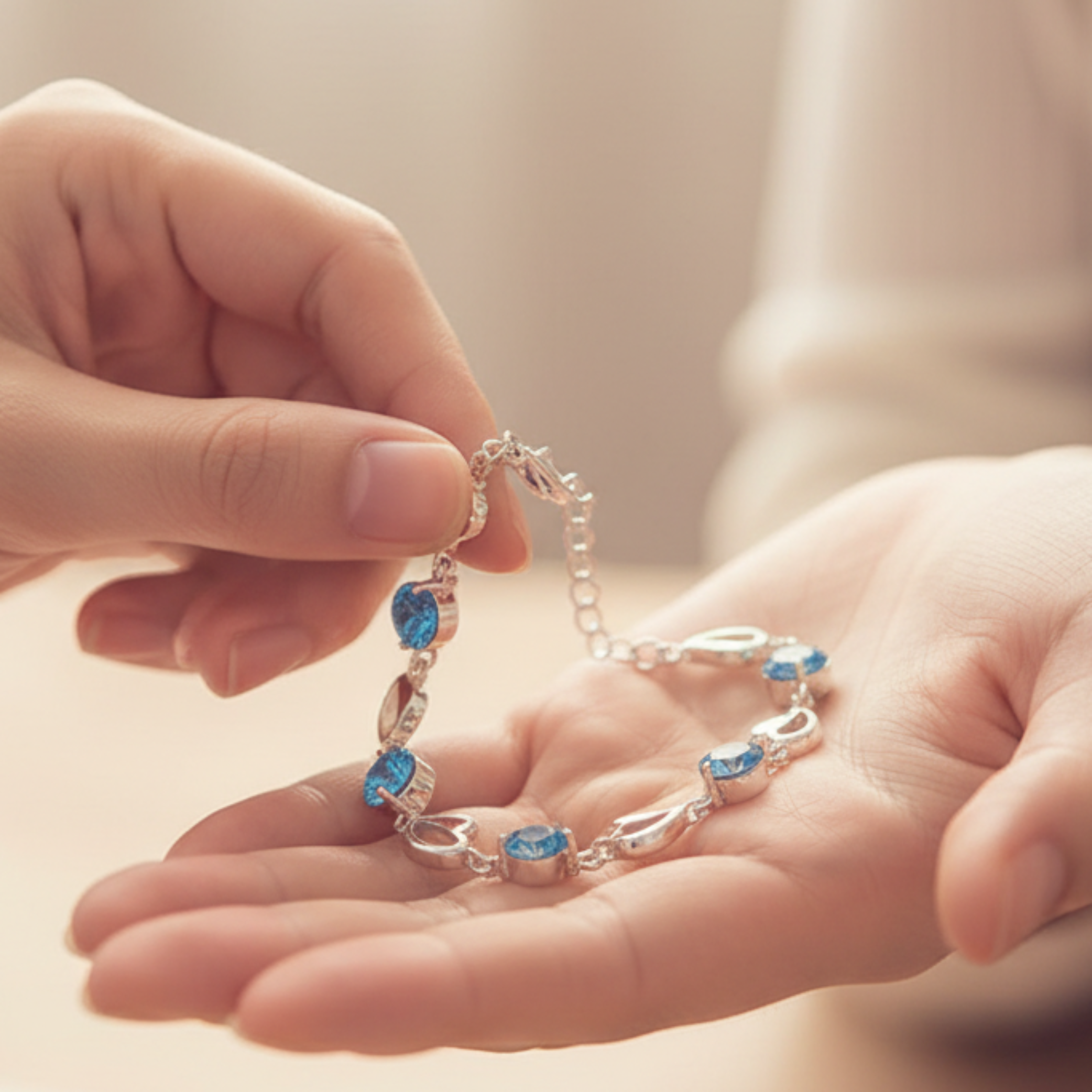 Elegant Silver Heart Bracelet – Sparkling Blue Crystal Charm Jewelry, Adjustable Gift for Women & Teens