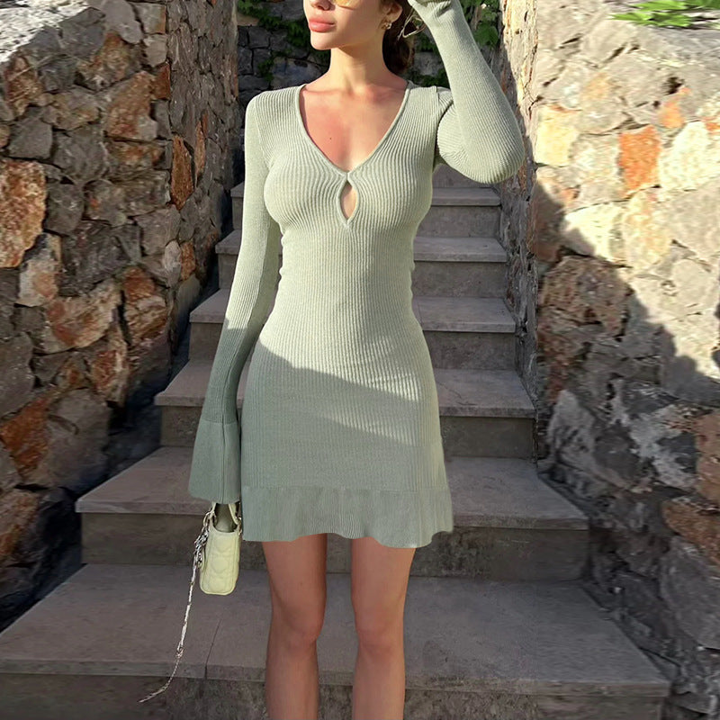 Women's Knitted Hollow-out Ruffled Long-sleeve Dress