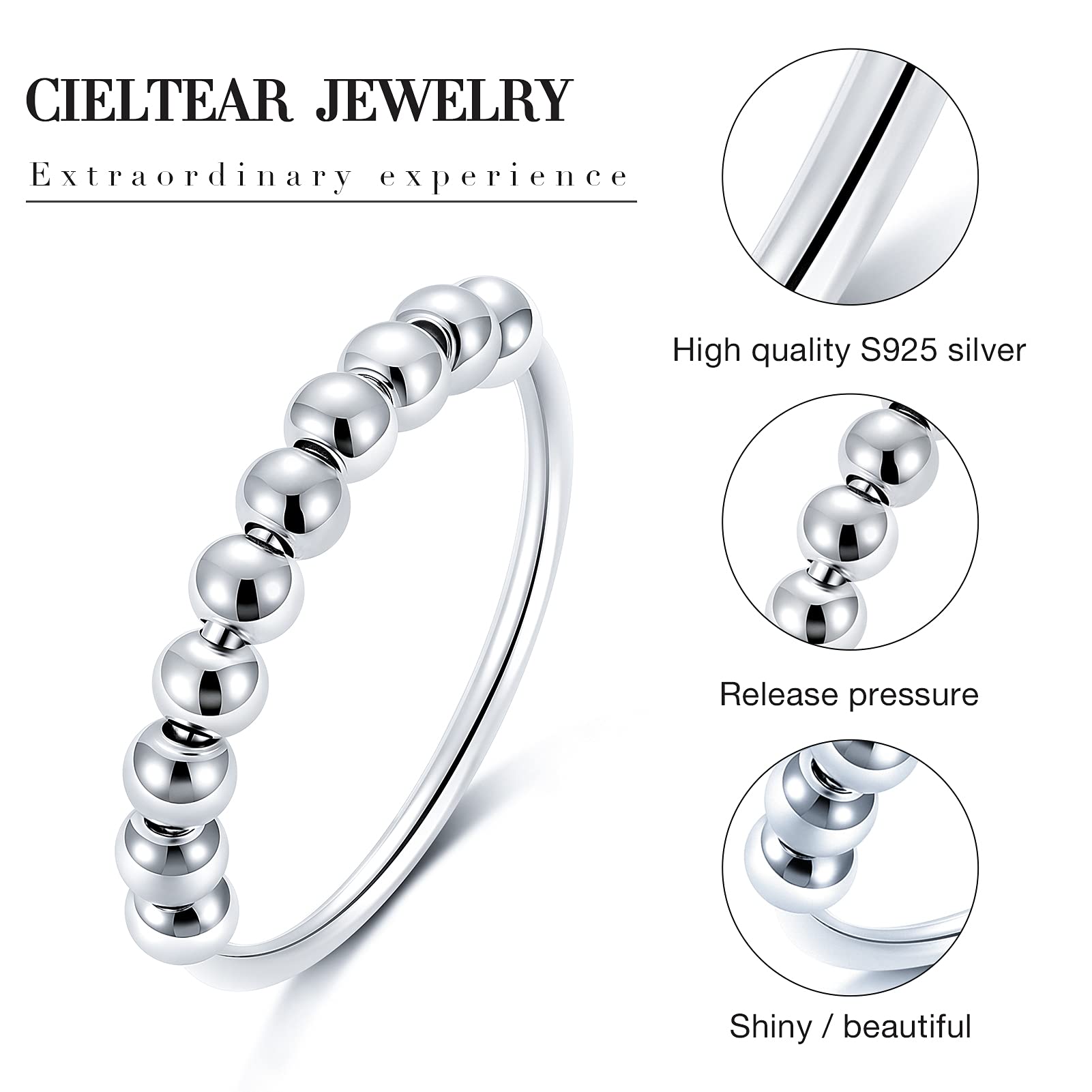 CIELTEAR 925 Sterling Silver Fidget Ring for Women – Calm Anxiety Spinner Jewelry