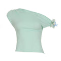 Girly, Sexy, Off-the-Shoulder Pleated 3D Floral Short-Sleeve Cropped T-Shirt