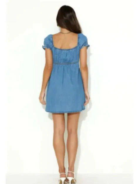 Hollow Out Puff Sleeve Denim Dress