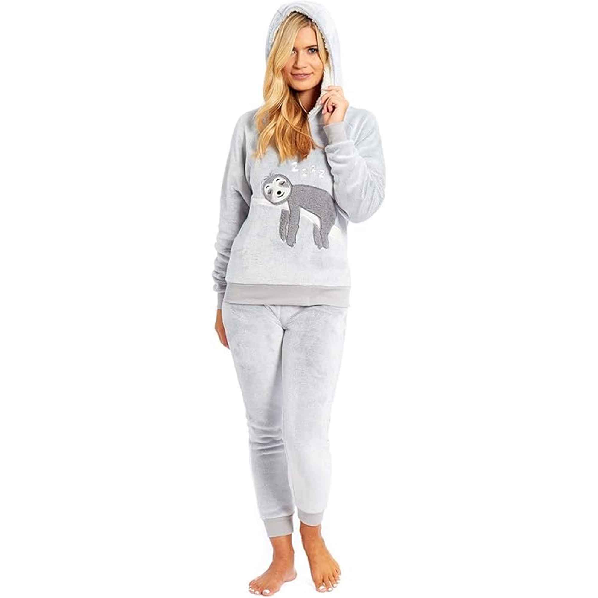 Daisy Dreamer Mother Daughter Sloth Hooded Fleece Pyjamas Set With Sherpa Lining Twosie Loungewear Embroidered Sloth Plush Design Multiple Sizes