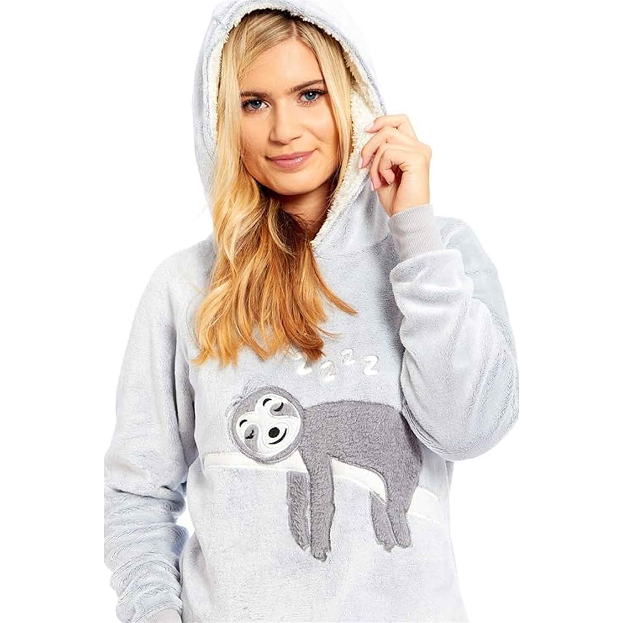 Daisy Dreamer Mother Daughter Sloth Hooded Fleece Pyjamas Set With Sherpa Lining Twosie Loungewear Embroidered Sloth Plush Design Multiple Sizes