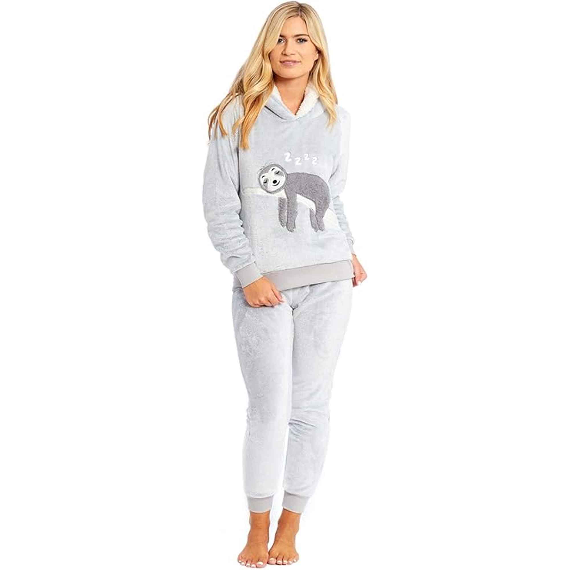Daisy Dreamer Mother Daughter Sloth Hooded Fleece Pyjamas Set With Sherpa Lining Twosie Loungewear Embroidered Sloth Plush Design Multiple Sizes