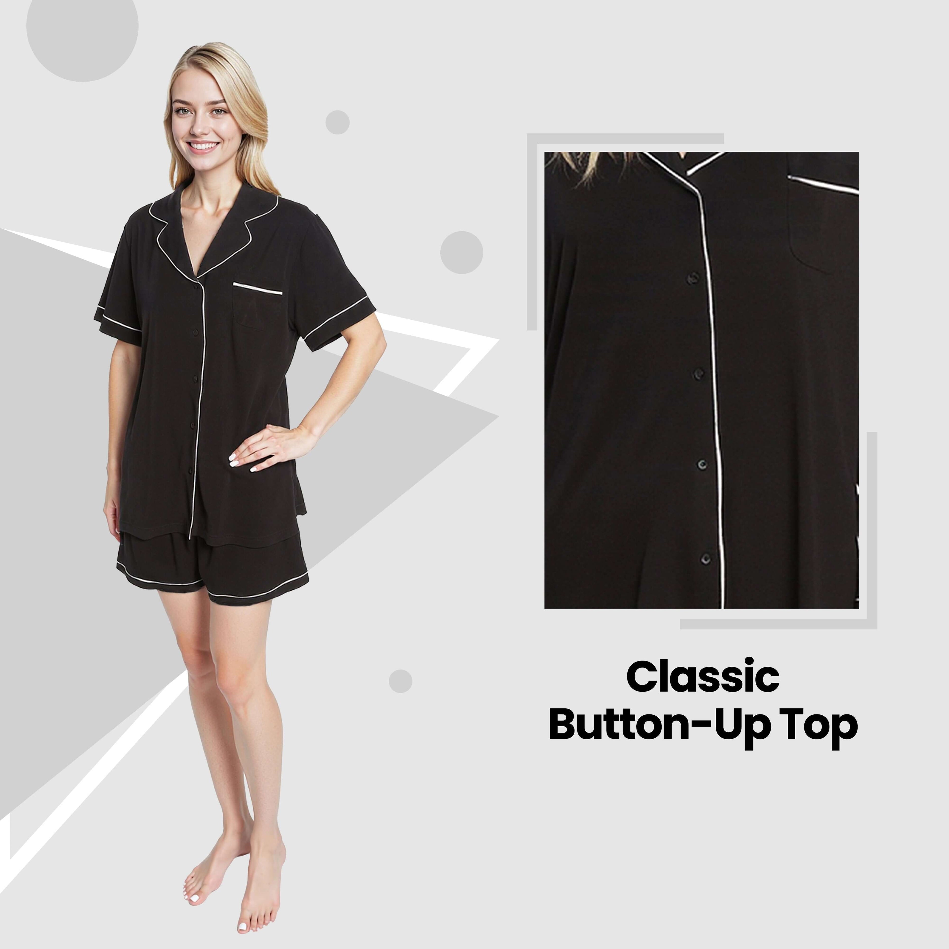 Daisy Dreamer Women's Black Short Pyjama Set - Super Soft Sleepwear with Button Up Top and Shorts With Pockets Relaxed Fit