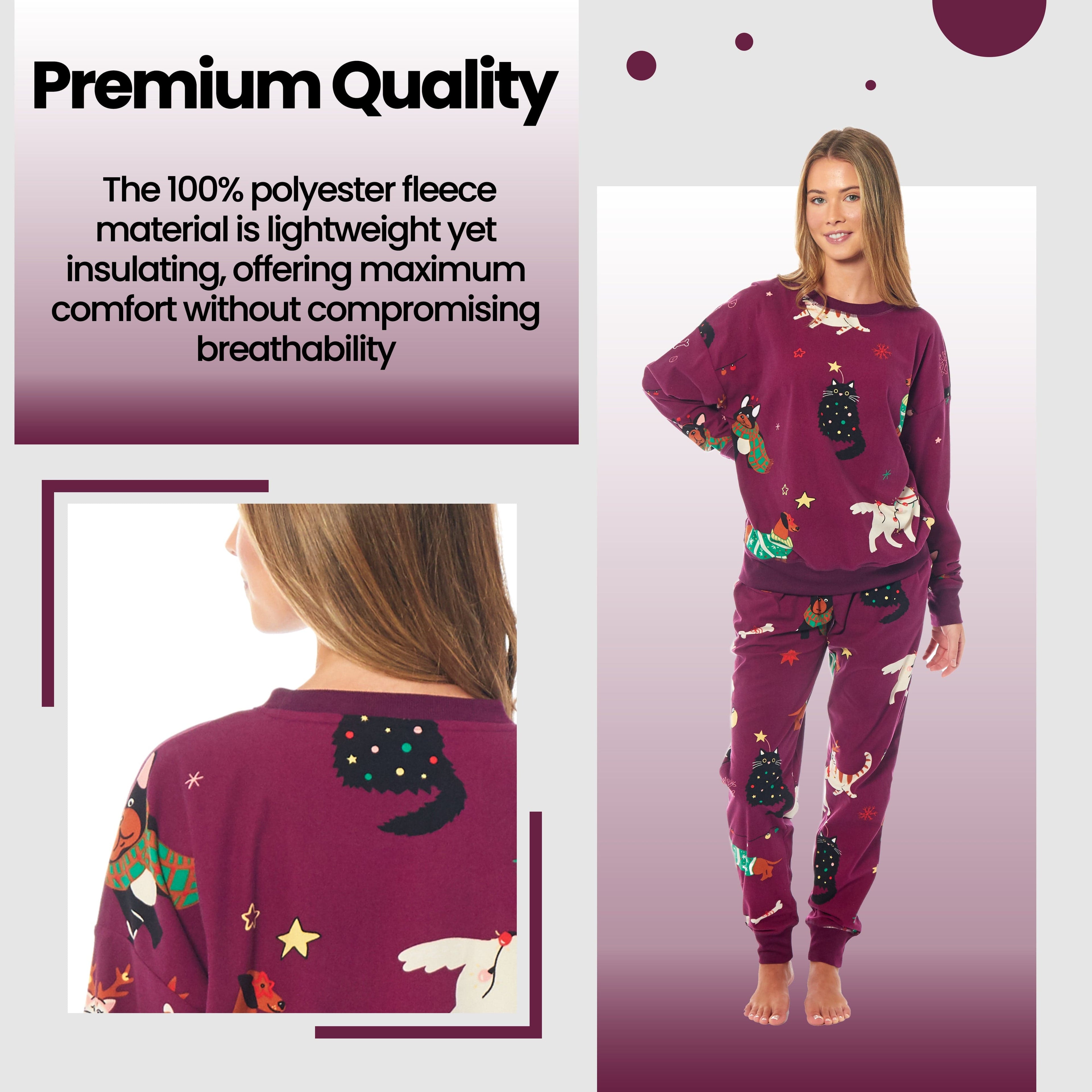 Daisy Dreamer Women's Cat And Dog Print Fleece Pyjama Set Long Sleeve Sleepwear Warm Ultra Soft Cozy Loungewear For Home
