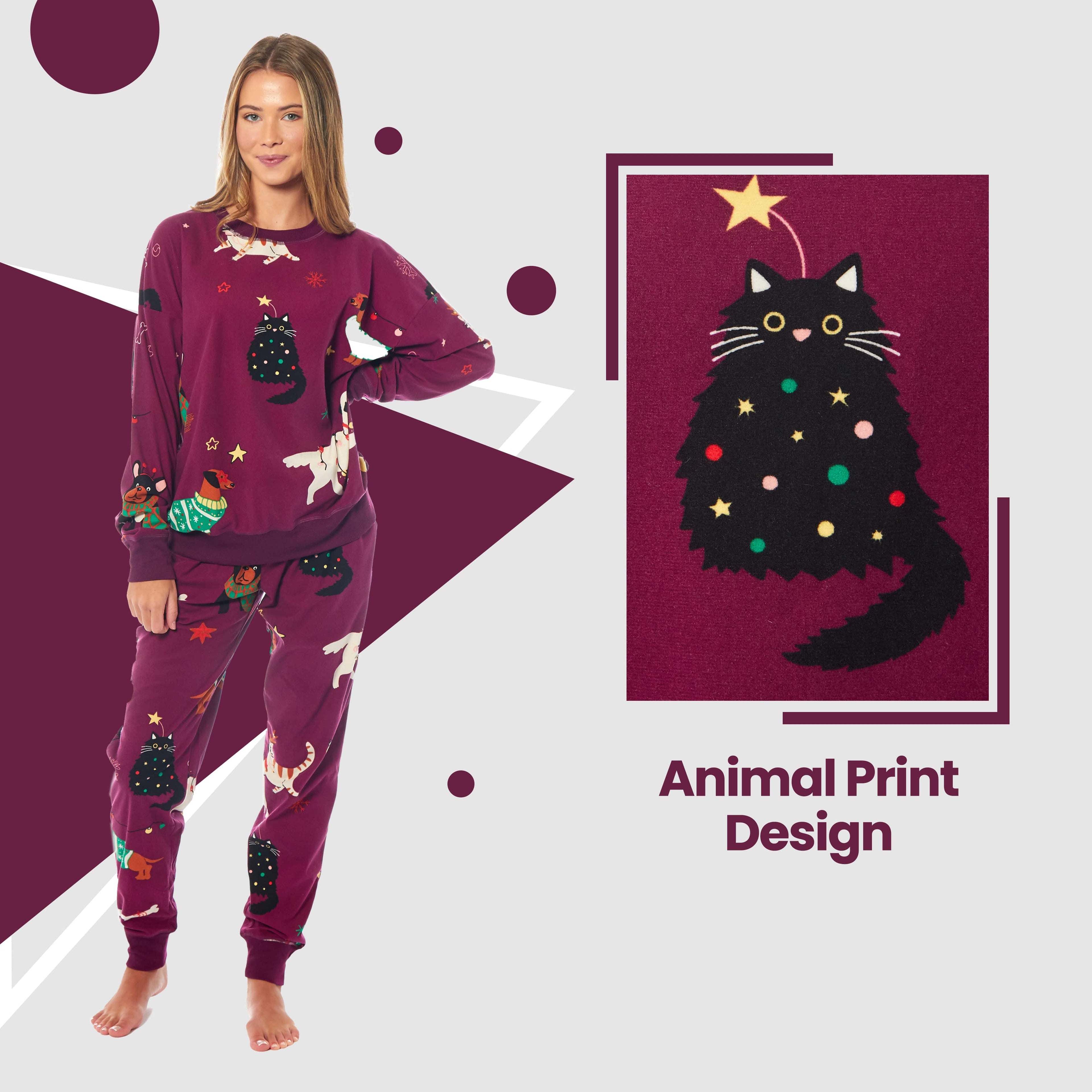 Daisy Dreamer Women's Cat And Dog Print Fleece Pyjama Set Long Sleeve Sleepwear Warm Ultra Soft Cozy Loungewear For Home