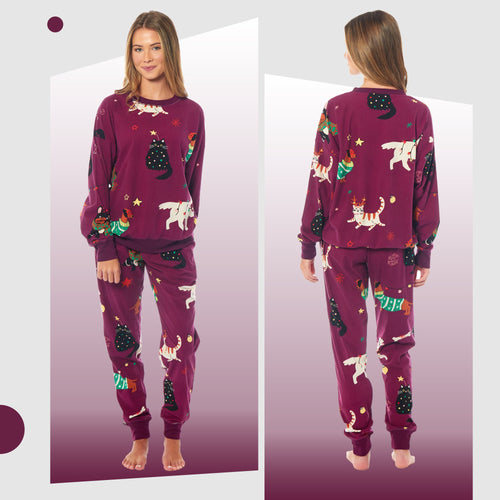 Daisy Dreamer Women's Cat And Dog Print Fleece Pyjama Set Long Sleeve Sleepwear Warm Ultra Soft Cozy Loungewear For Home