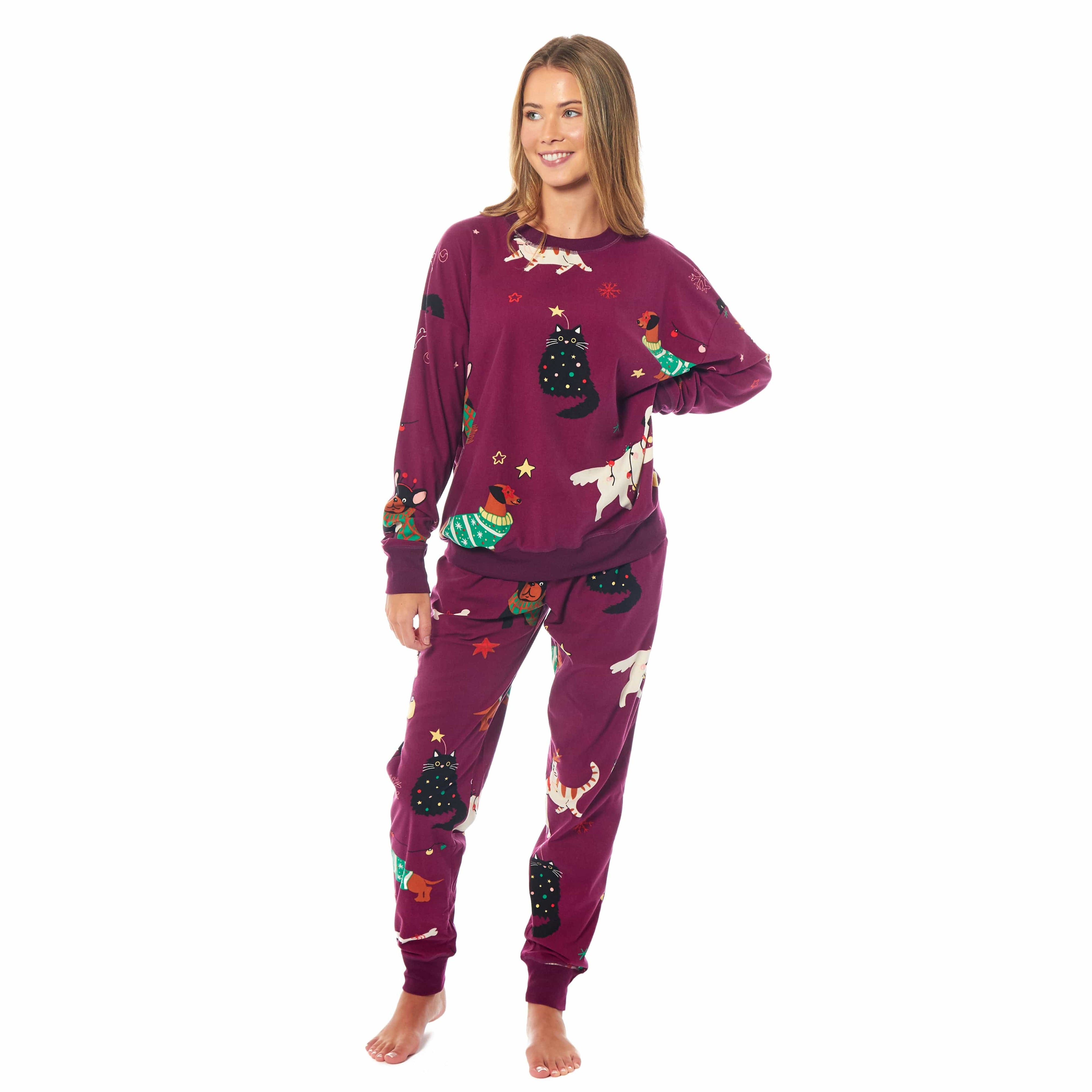 Daisy Dreamer Women's Cat And Dog Print Fleece Pyjama Set Long Sleeve Sleepwear Warm Ultra Soft Cozy Loungewear For Home