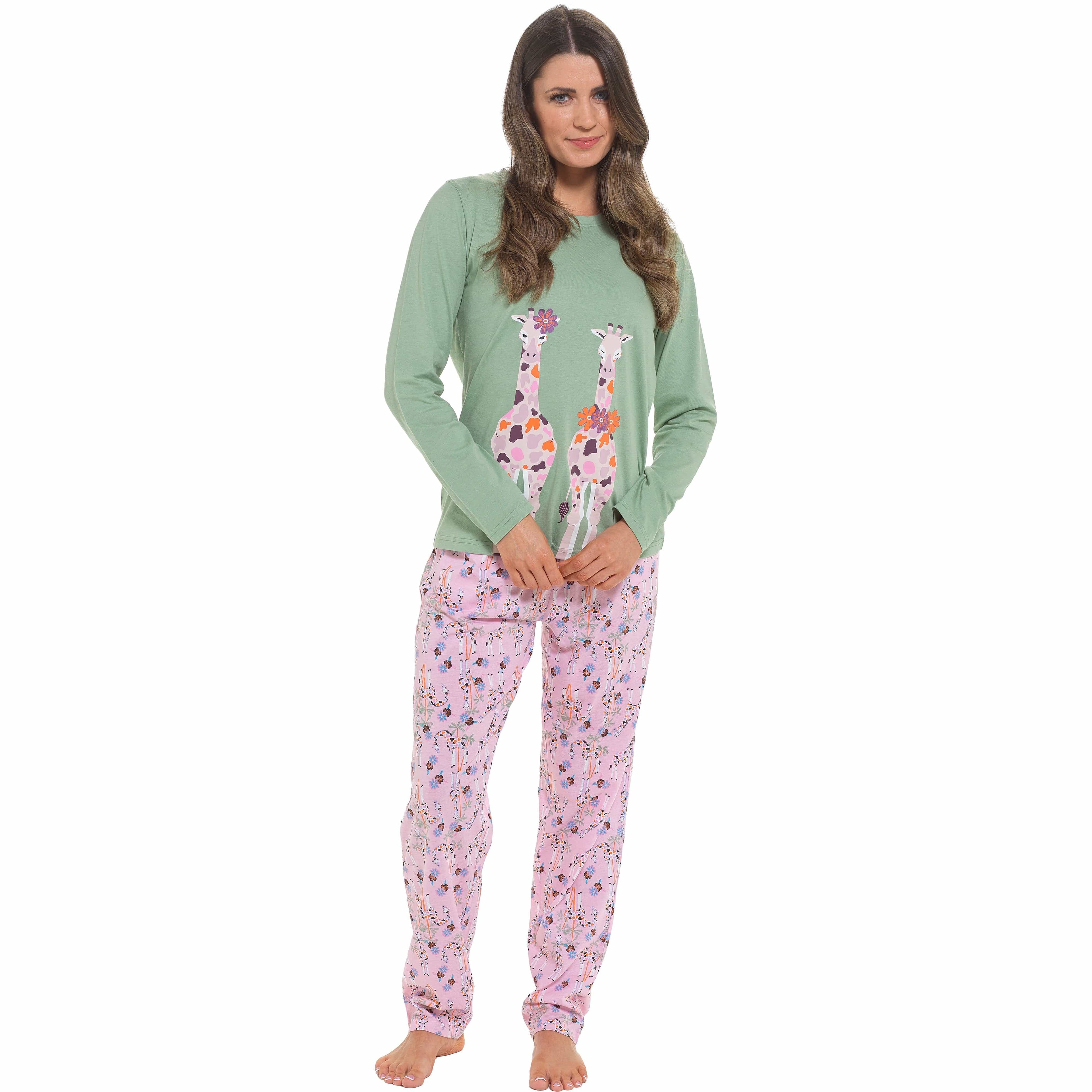 OLIVIA ROCCO Women's Giraffe Print Cotton Jersey Long Sleeve Pyjama Set Soft Sleepwear Loungewear For Summer Holidays