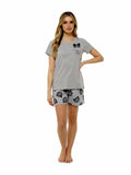 Daisy Dreamer Women's Grey Cotton T Shirt and Shorts Pyjama Set With Pom Pom Detailing 100 Percent Pure Cotton Soft Jersey Summer Loungewear