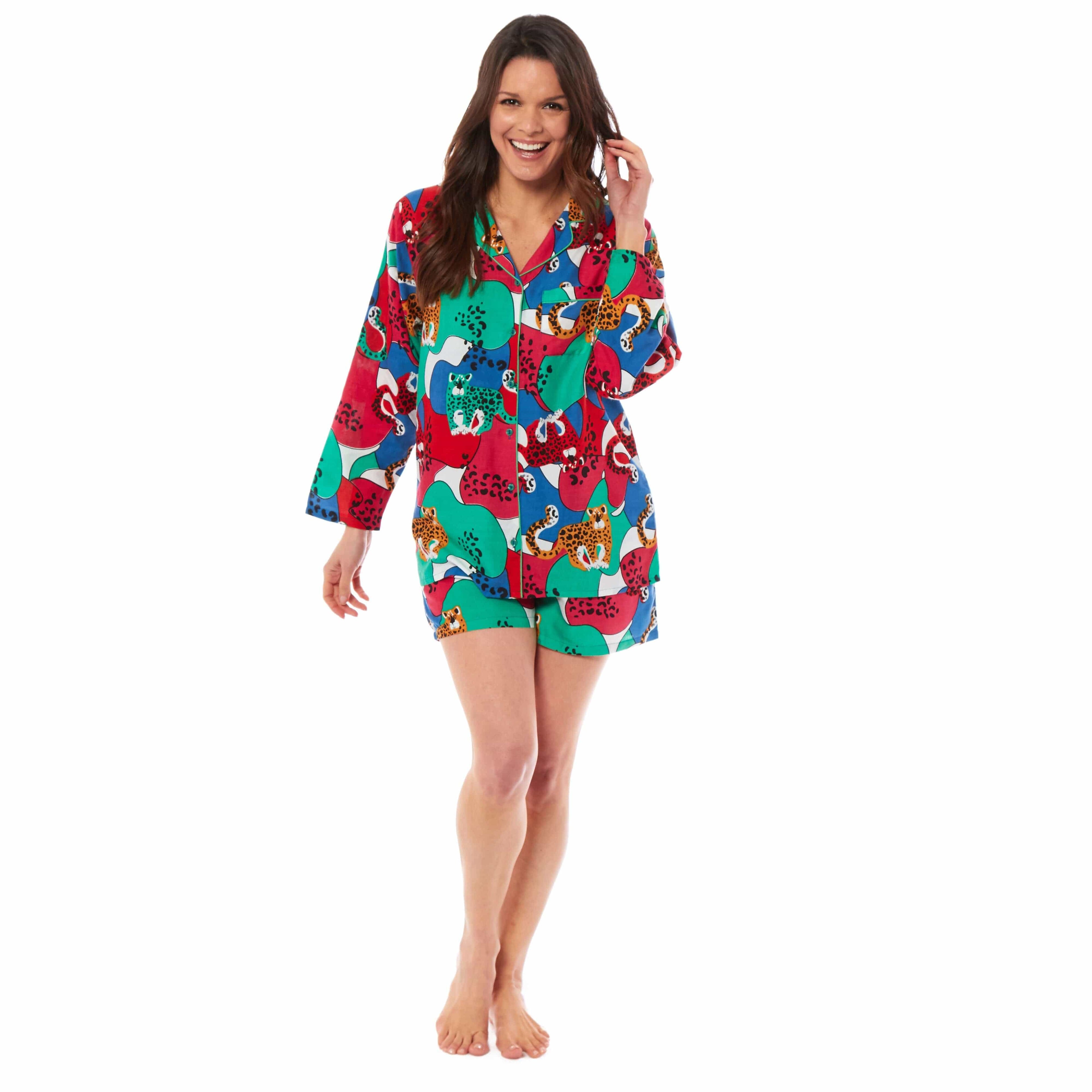 Daisy Dreamer Women's Jaguar Jungle Leopard Short Pyjama Set Button Up Sleepwear Breathable Soft Easy Care Loungewear Sizes S XL