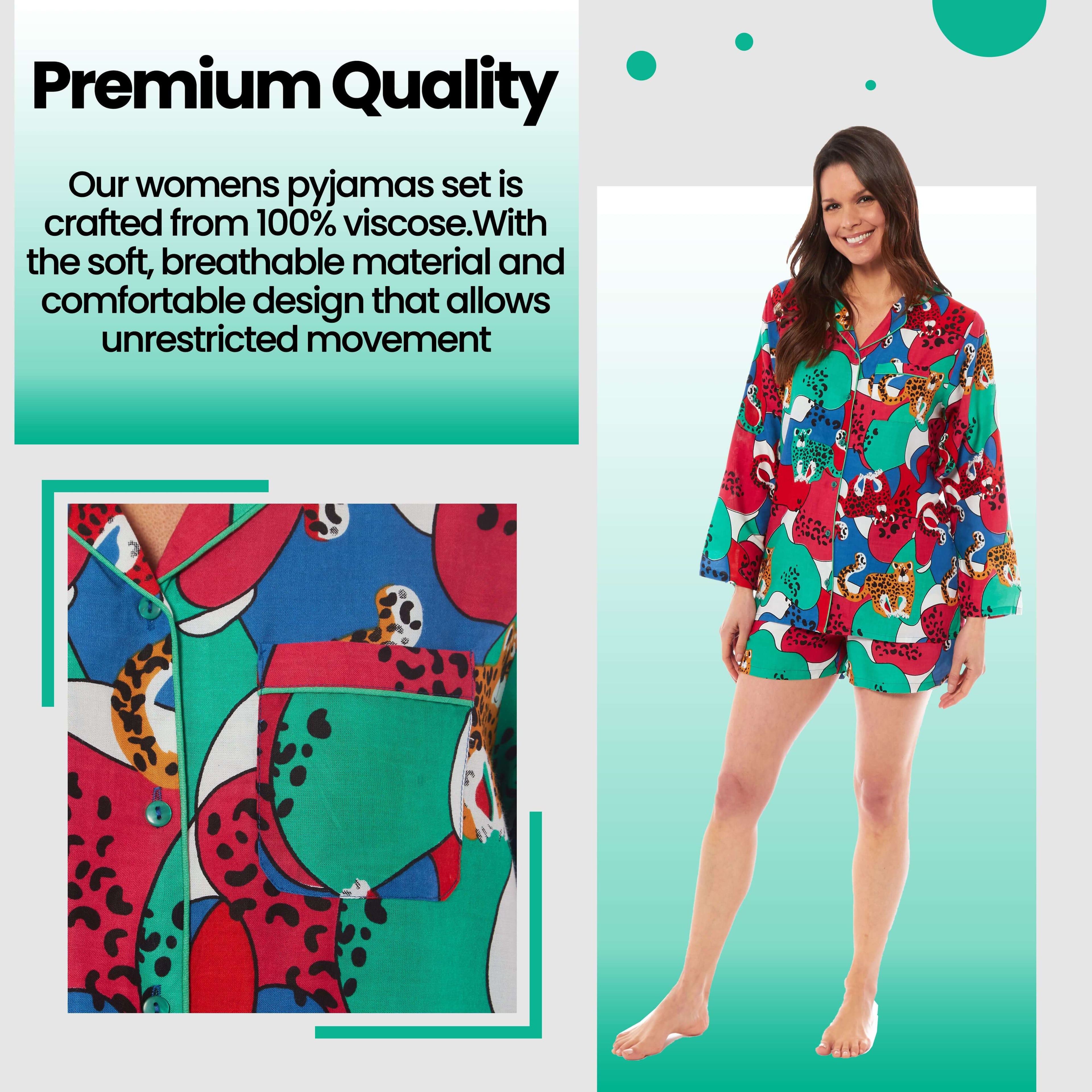 Daisy Dreamer Women's Jaguar Jungle Leopard Short Pyjama Set Button Up Sleepwear Breathable Soft Easy Care Loungewear Sizes S XL