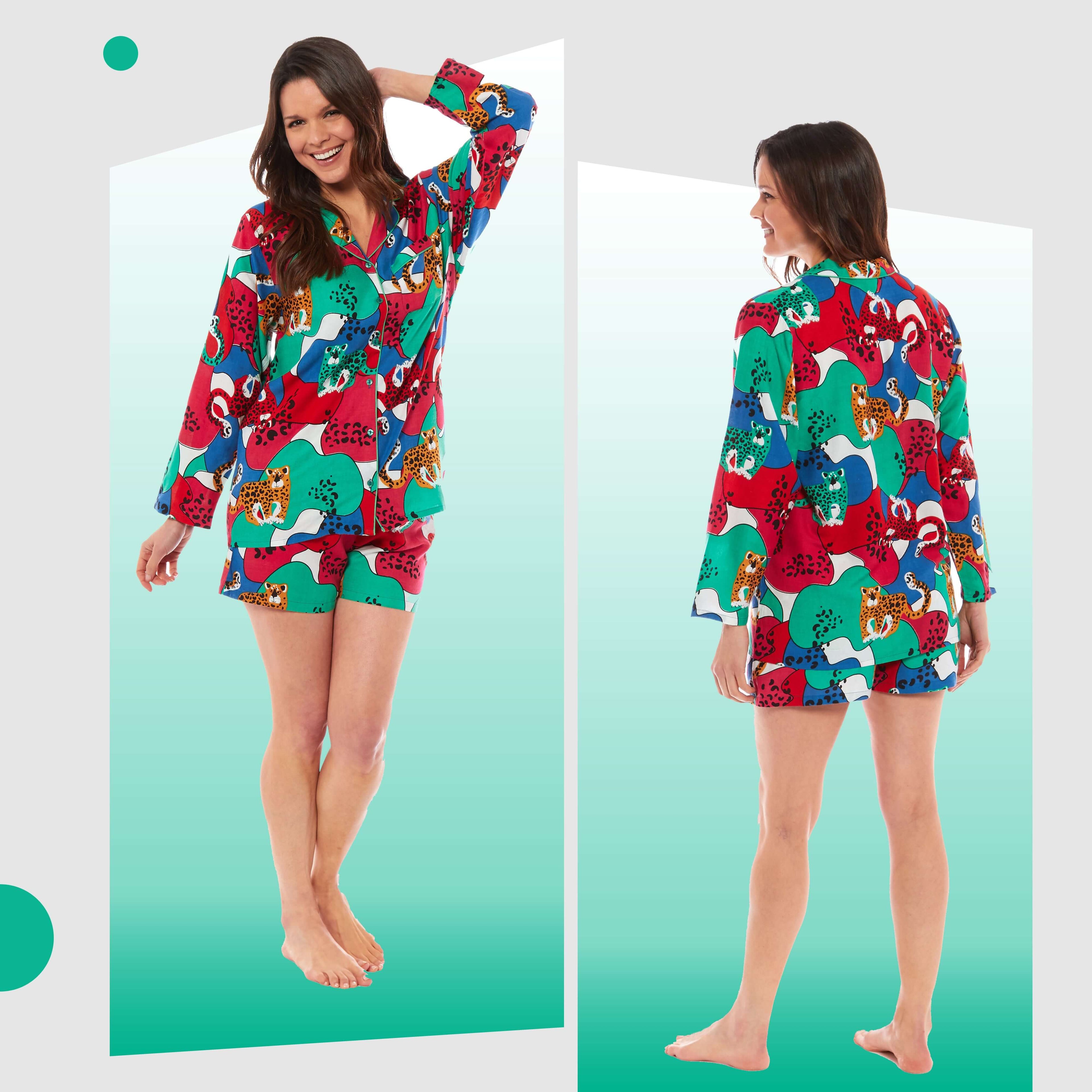 Daisy Dreamer Women's Jaguar Jungle Leopard Short Pyjama Set Button Up Sleepwear Breathable Soft Easy Care Loungewear Sizes S XL