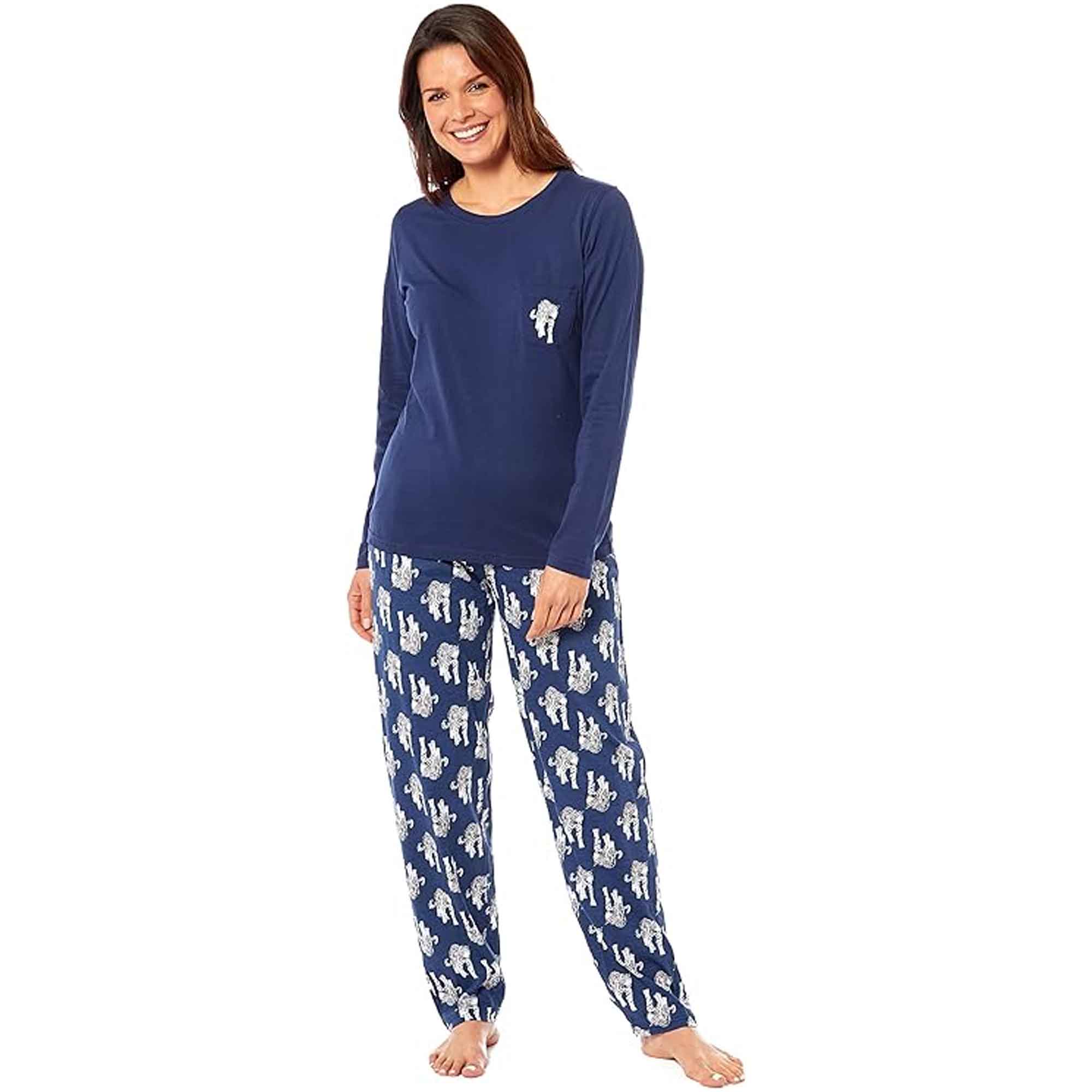 Daisy Dreamer Women's Navy Tiger Print Polar Fleece Pyjama Set With Long Sleeve Top And Elasticated Bottoms Cozy Nightwear Loungewear
