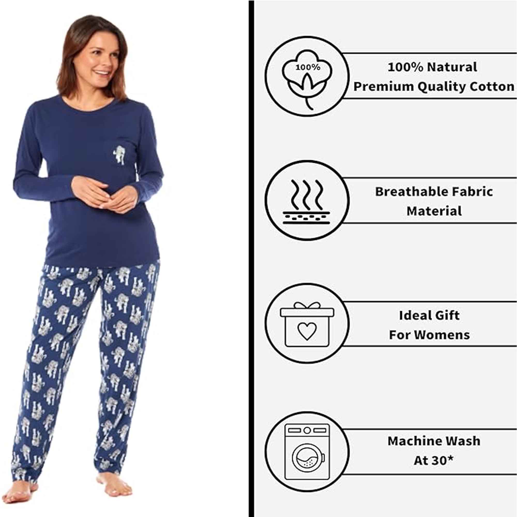 Daisy Dreamer Women's Navy Tiger Print Polar Fleece Pyjama Set With Long Sleeve Top And Elasticated Bottoms Cozy Nightwear Loungewear