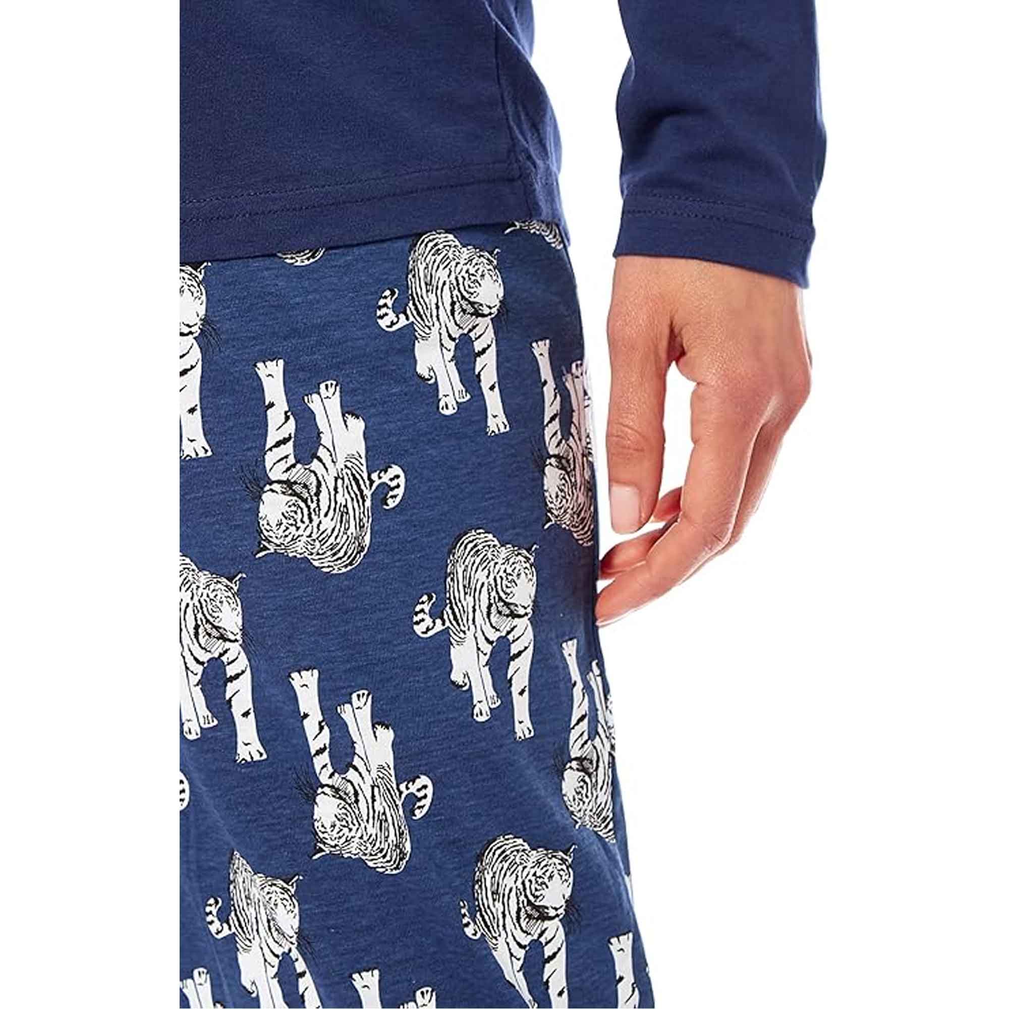 Daisy Dreamer Women's Navy Tiger Print Polar Fleece Pyjama Set With Long Sleeve Top And Elasticated Bottoms Cozy Nightwear Loungewear