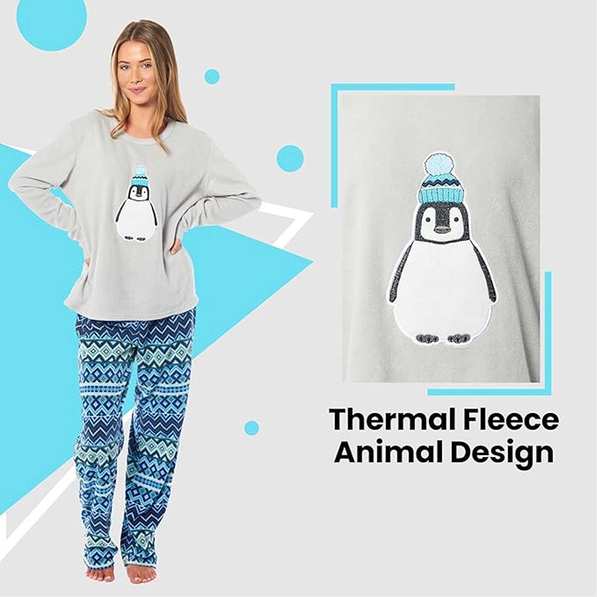 Daisy Dreamer Women's Thermal Fleece Pyjamas Set Polyester Long Sleeve Top And Bottom Animal Print Winter Warm Loungewear