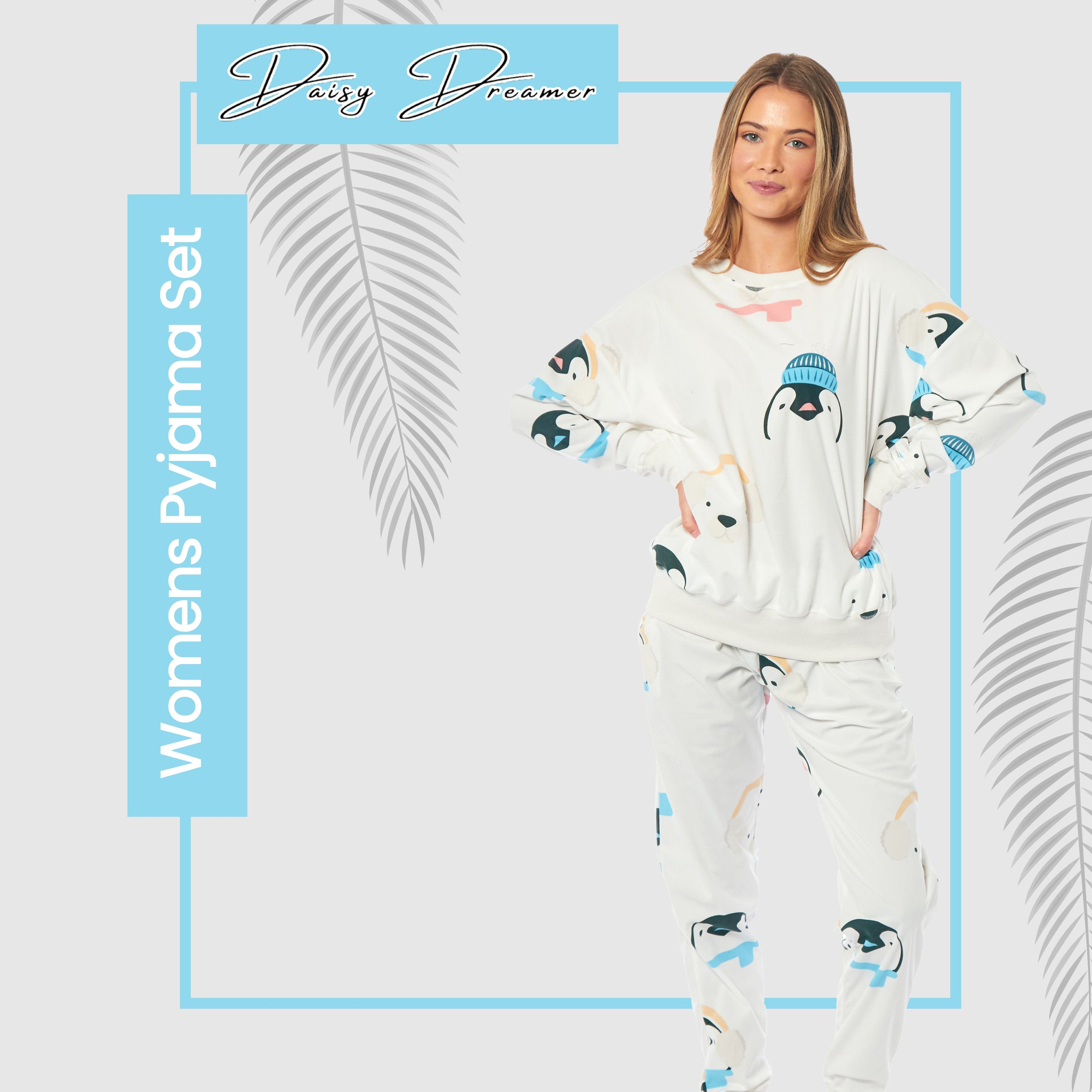 Daisy Dreamer Women's Fleece Pyjama Set Penguins And Polar Bears Long Sleeve Animal Print Sleepwear For Women Cozy Loungewear
