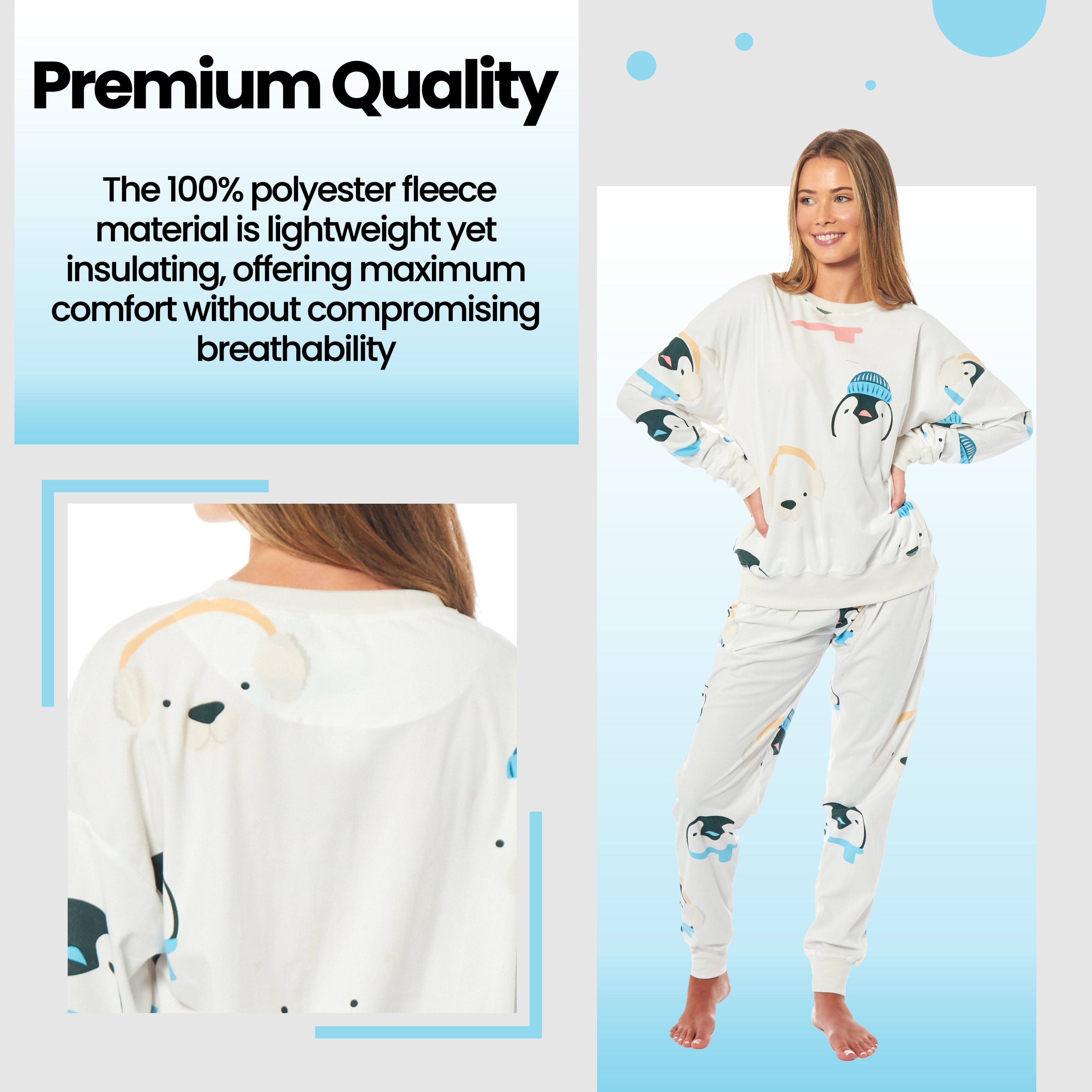 Daisy Dreamer Women's Fleece Pyjama Set Penguins And Polar Bears Long Sleeve Animal Print Sleepwear For Women Cozy Loungewear