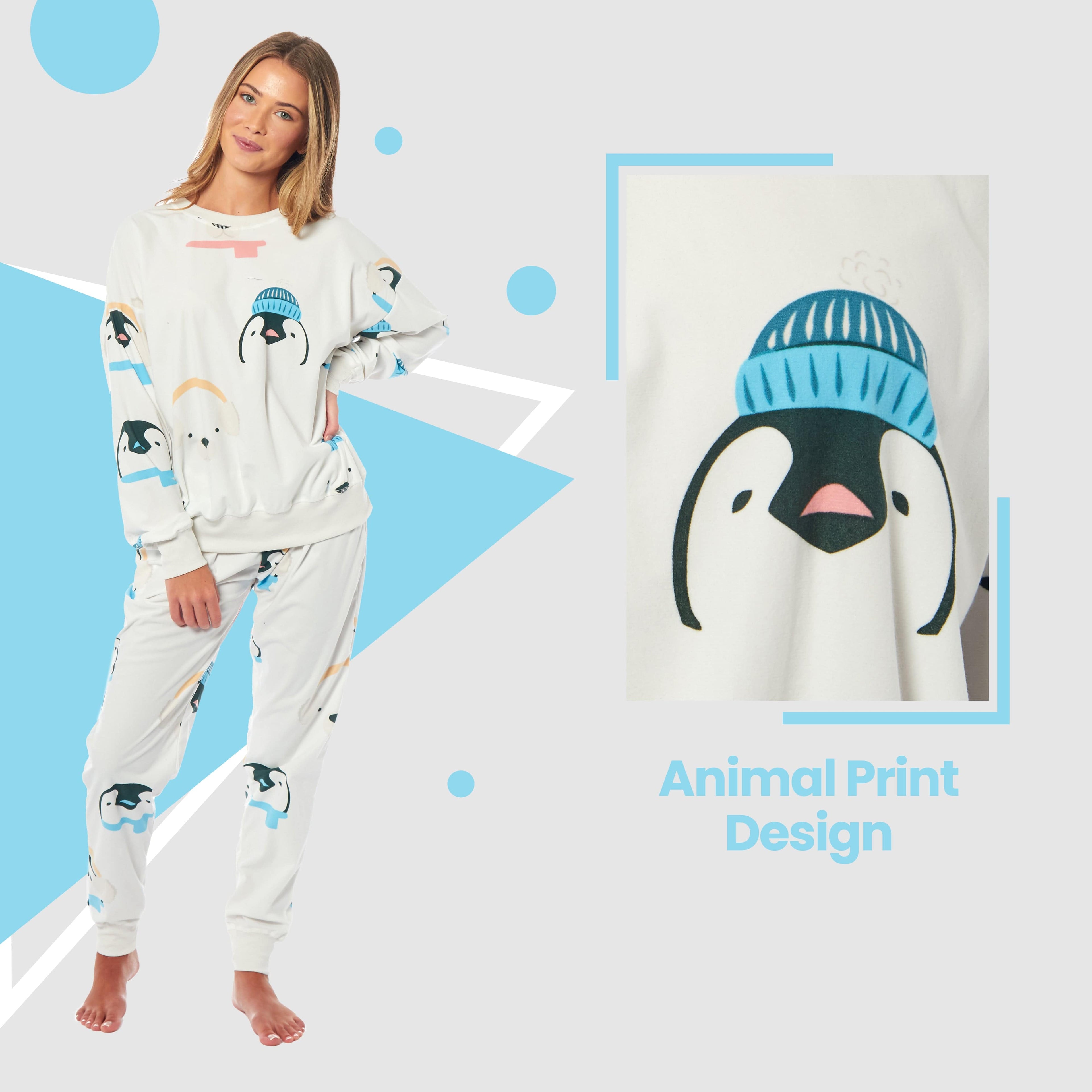 Daisy Dreamer Women's Fleece Pyjama Set Penguins And Polar Bears Long Sleeve Animal Print Sleepwear For Women Cozy Loungewear