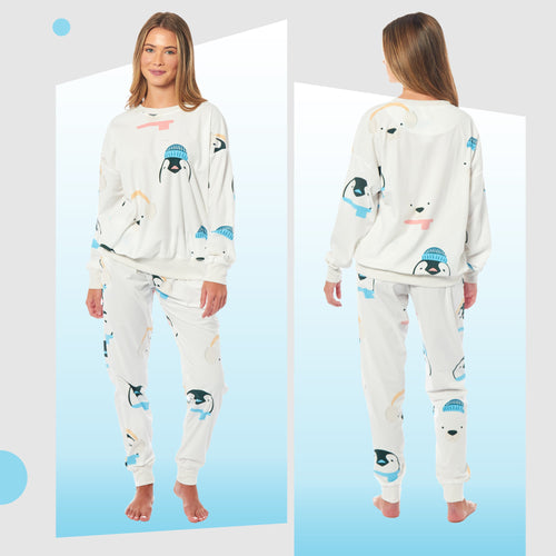 Daisy Dreamer Women's Fleece Pyjama Set Penguins And Polar Bears Long Sleeve Animal Print Sleepwear For Women Cozy Loungewear