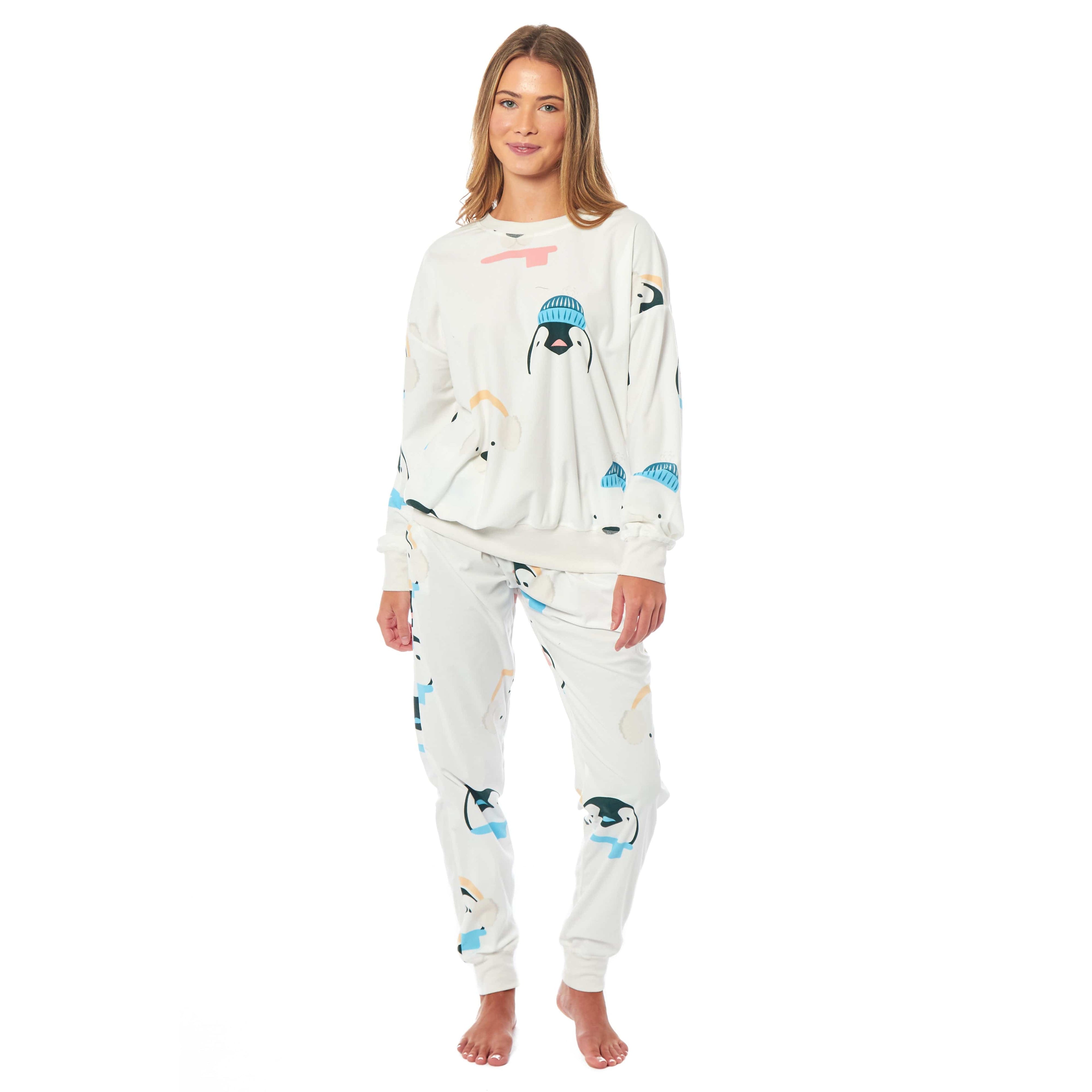 Daisy Dreamer Women's Fleece Pyjama Set Penguins And Polar Bears Long Sleeve Animal Print Sleepwear For Women Cozy Loungewear