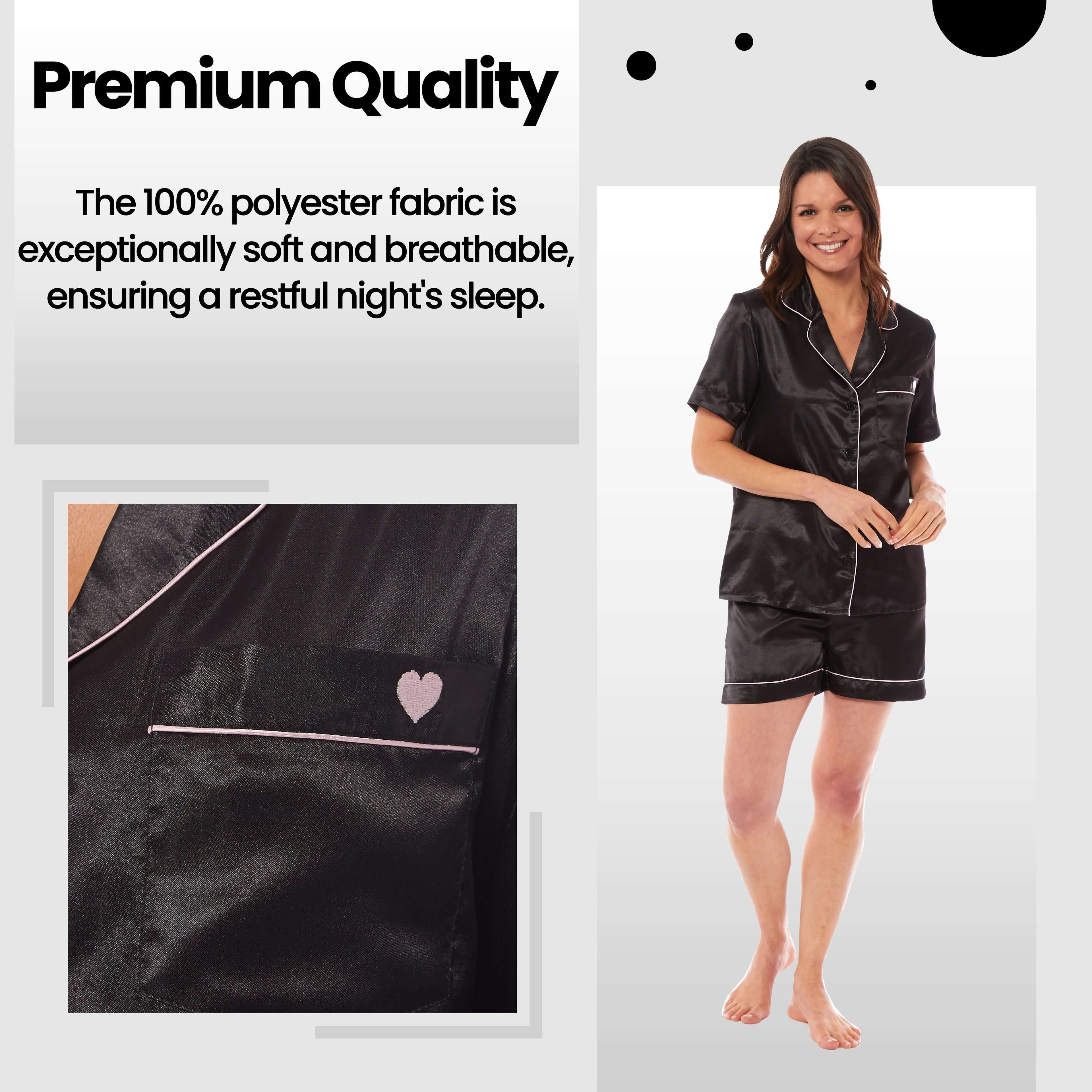Daisy Dreamer Women's Satin Silk Short Pyjama Set Black Pink Grey UK Sizes 8 to 22 Soft Breathable Luxury Loungewear Nightwear