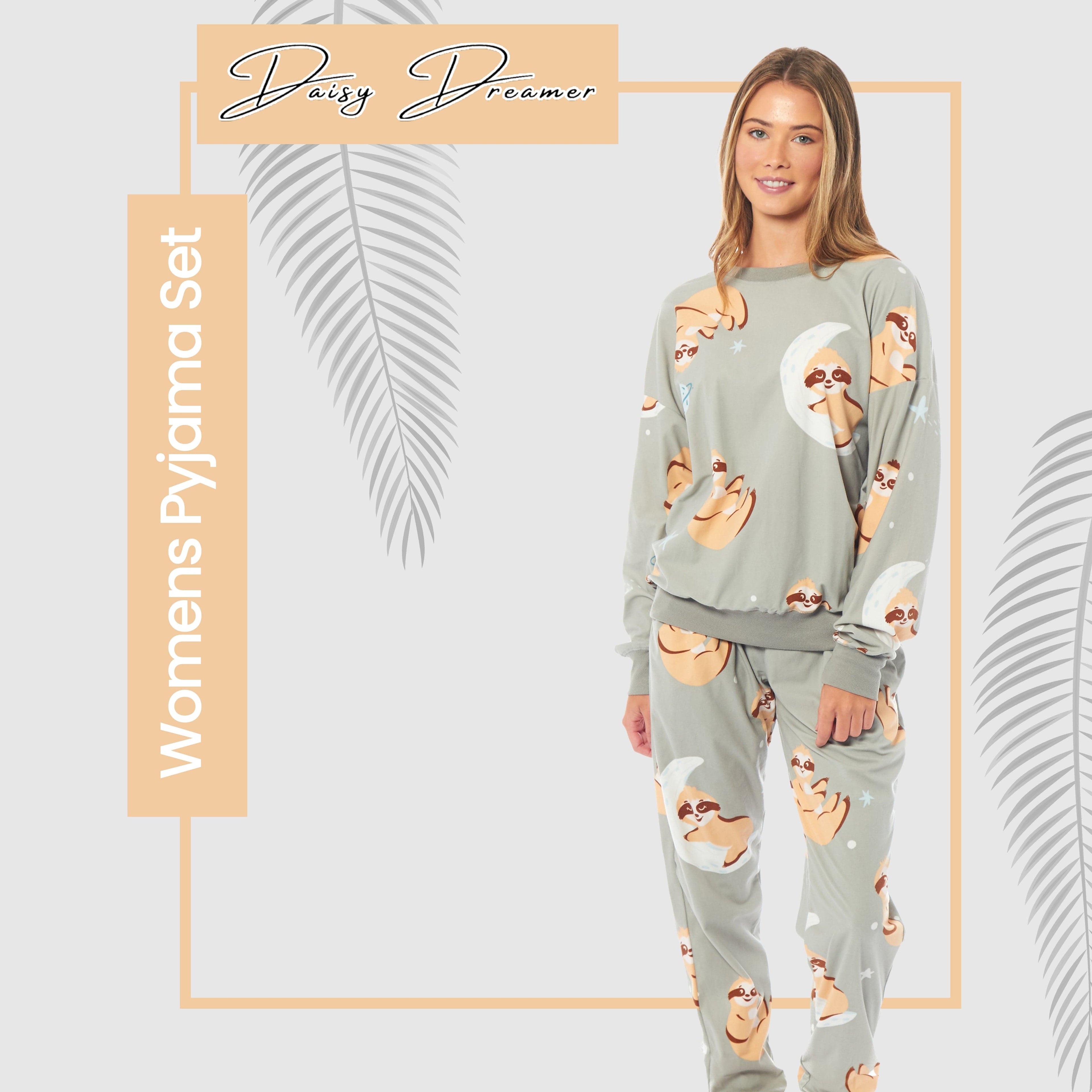 Daisy Dreamer Women's Sloth Fleece Pyjama Set Long Sleeve Animal Print Warm Sleepwear For Ladies Loungewear And Relaxation