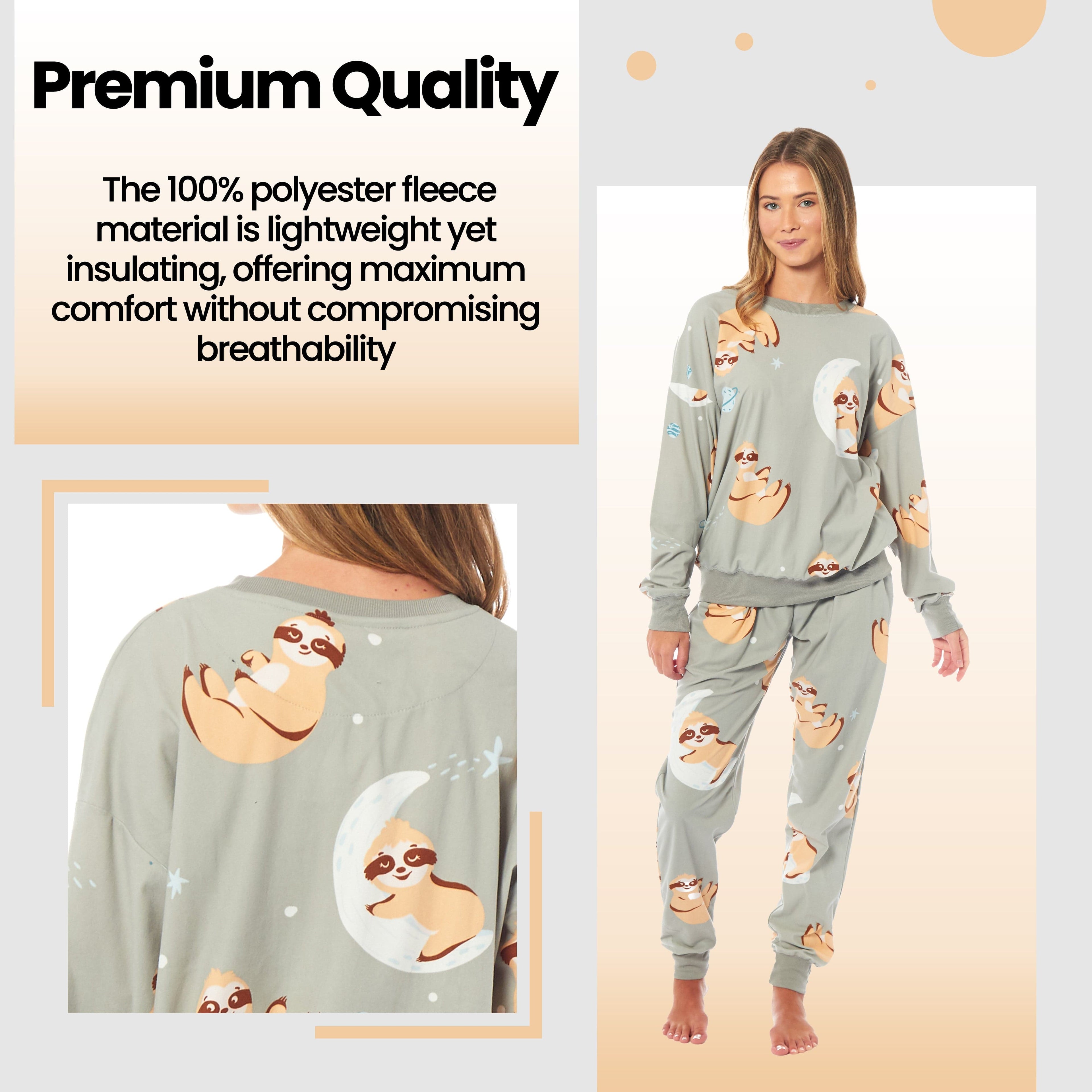 Daisy Dreamer Women's Sloth Fleece Pyjama Set Long Sleeve Animal Print Warm Sleepwear For Ladies Loungewear And Relaxation