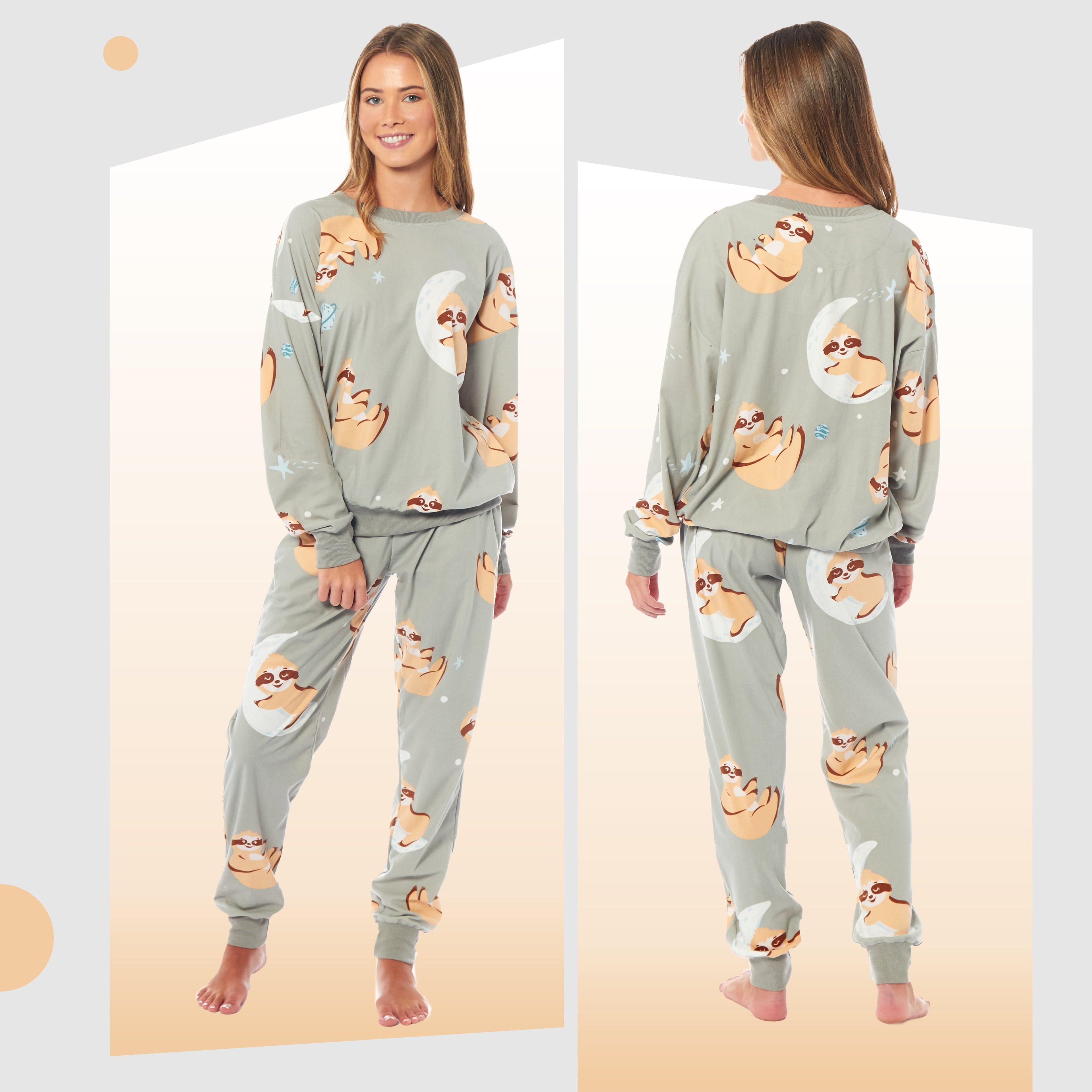 Daisy Dreamer Women's Sloth Fleece Pyjama Set Long Sleeve Animal Print Warm Sleepwear For Ladies Loungewear And Relaxation