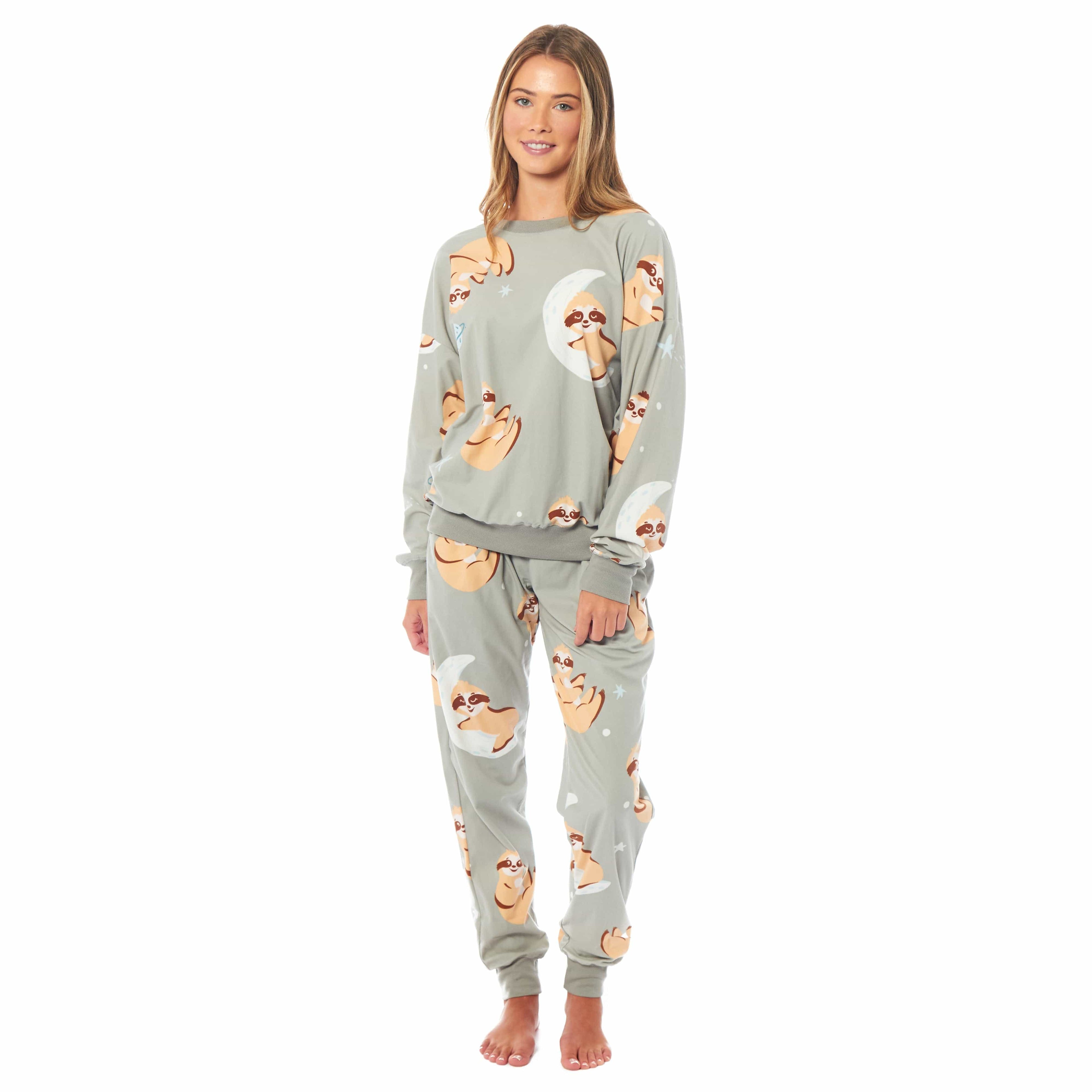 Daisy Dreamer Women's Sloth Fleece Pyjama Set Long Sleeve Animal Print Warm Sleepwear For Ladies Loungewear And Relaxation