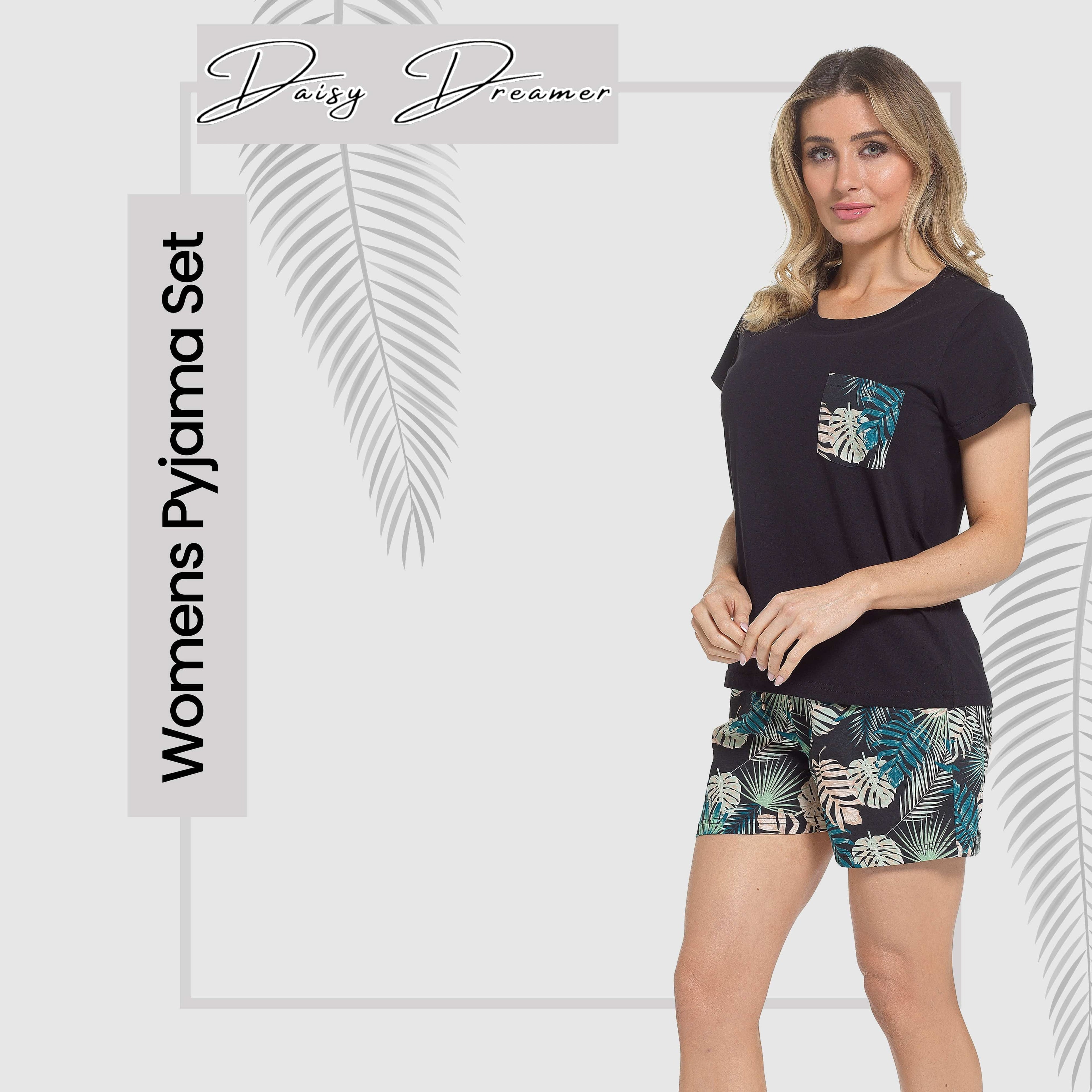 Daisy Dreamer Womens Tropical Pyjama Set T Shirt And Shorts Soft Cotton Loungewear Relaxed Fit For Summer Sleepwear Everyday