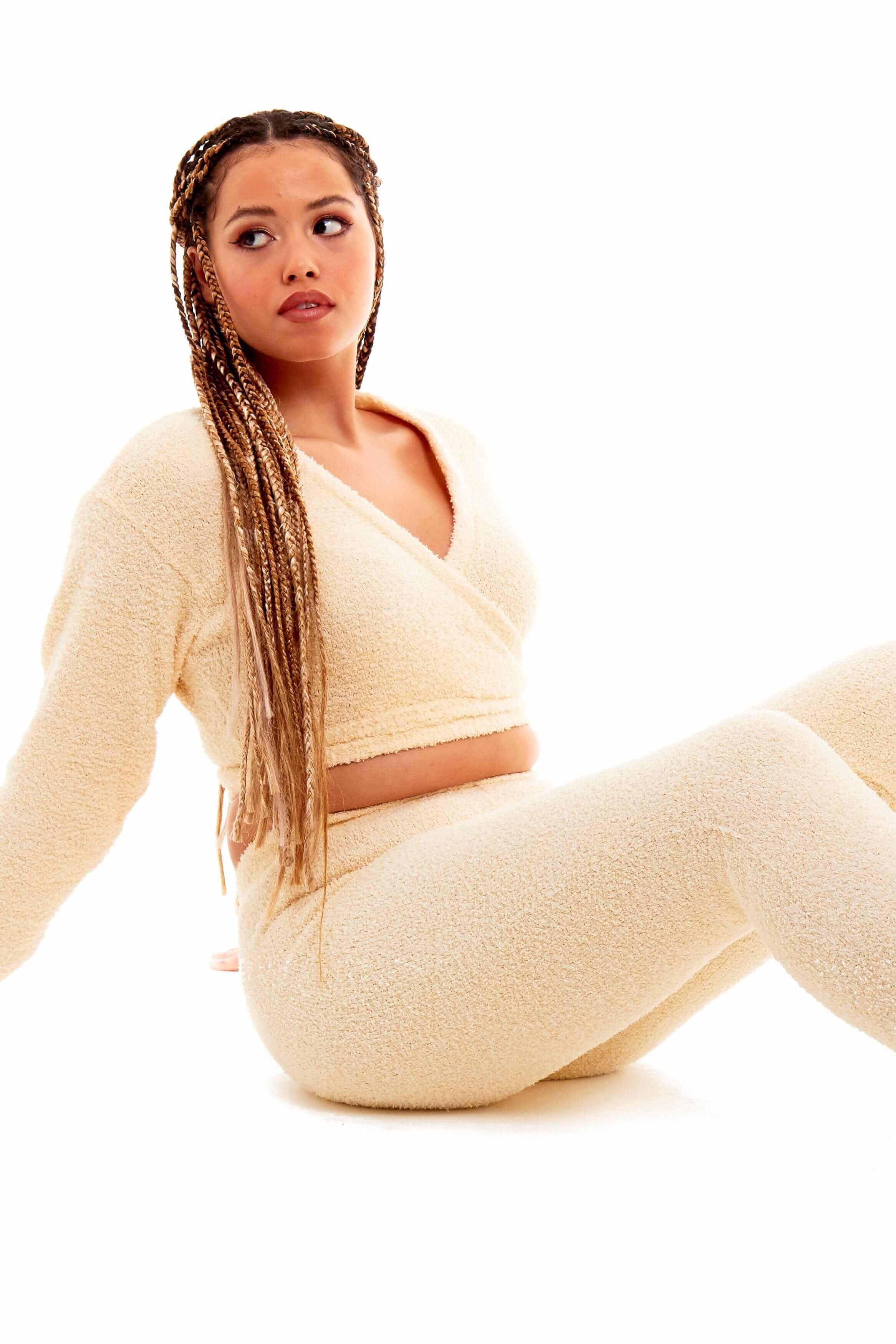Daisy Dreamer Women's Teddy Fleece Loungewear Set With Long Sleeve Wrap Top And Stretch Fit Pants For Relaxing At Home
