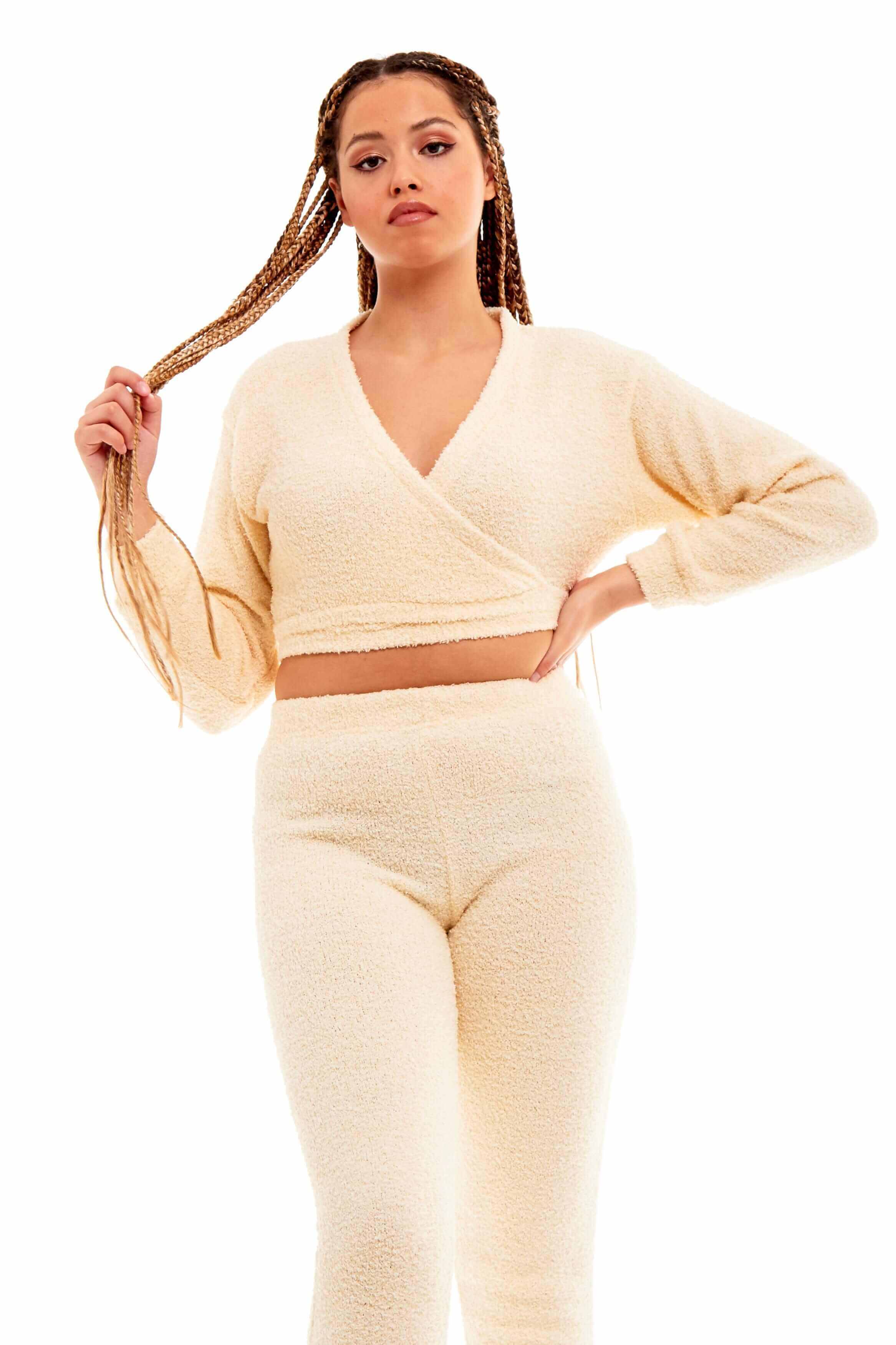 Daisy Dreamer Women's Teddy Fleece Loungewear Set With Long Sleeve Wrap Top And Stretch Fit Pants For Relaxing At Home
