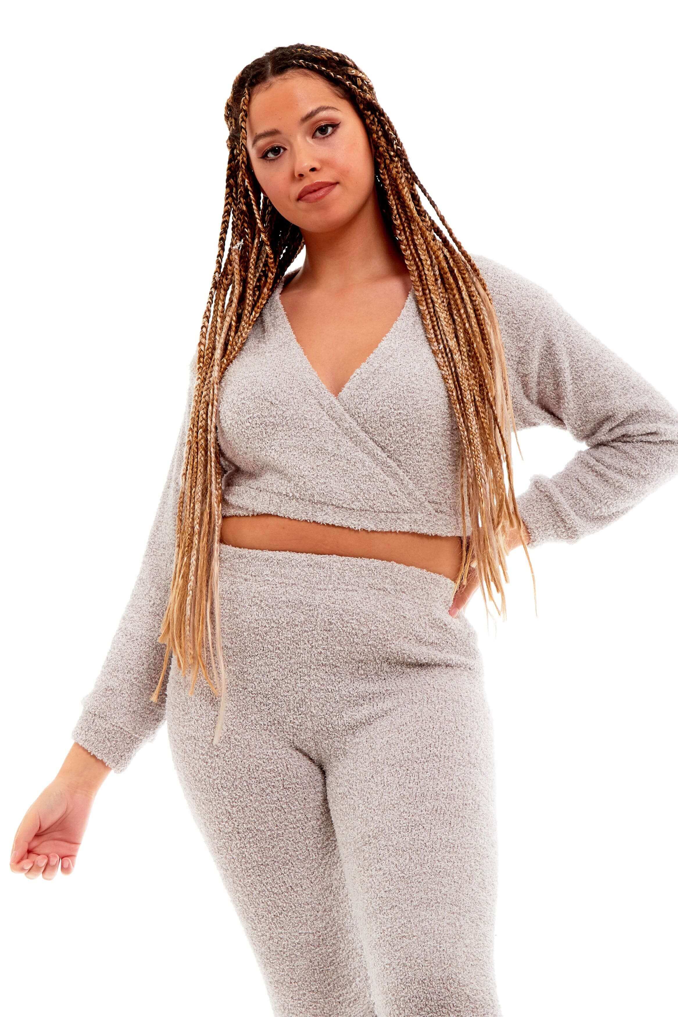 Daisy Dreamer Women's Teddy Fleece Loungewear Set With Long Sleeve Wrap Top And Stretch Fit Pants For Relaxing At Home