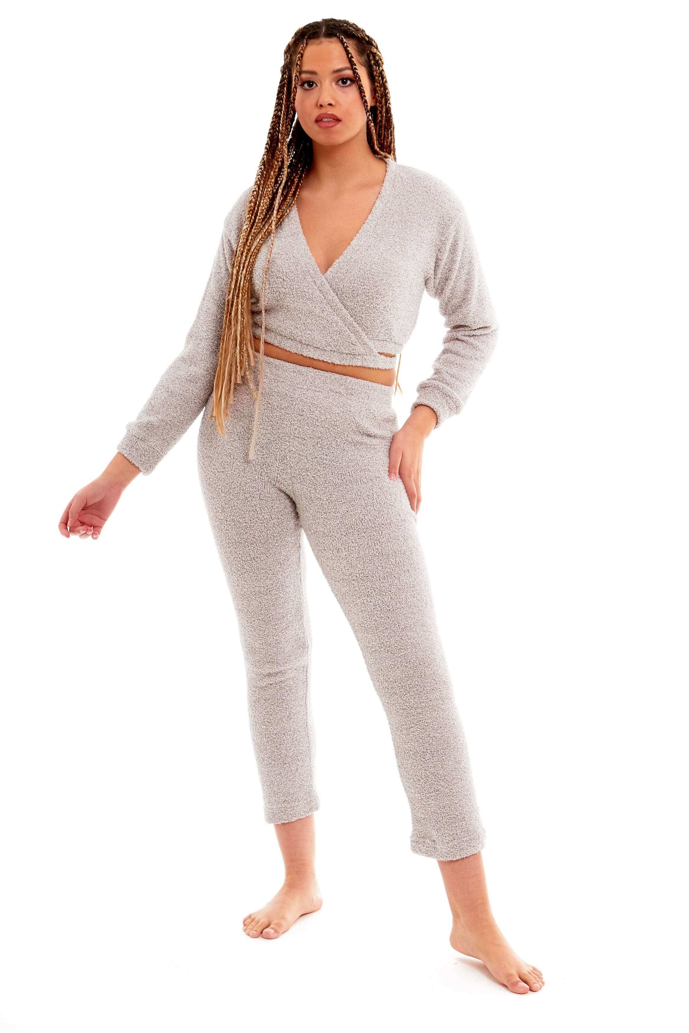 Daisy Dreamer Women's Teddy Fleece Loungewear Set With Long Sleeve Wrap Top And Stretch Fit Pants For Relaxing At Home